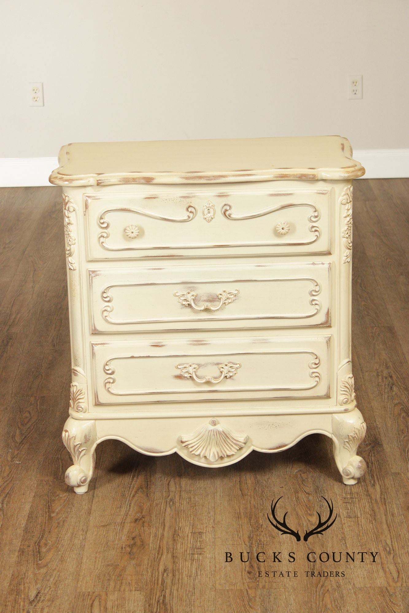 Lane French Provincial Style Pair of Distressed Cream Painted Nightstands