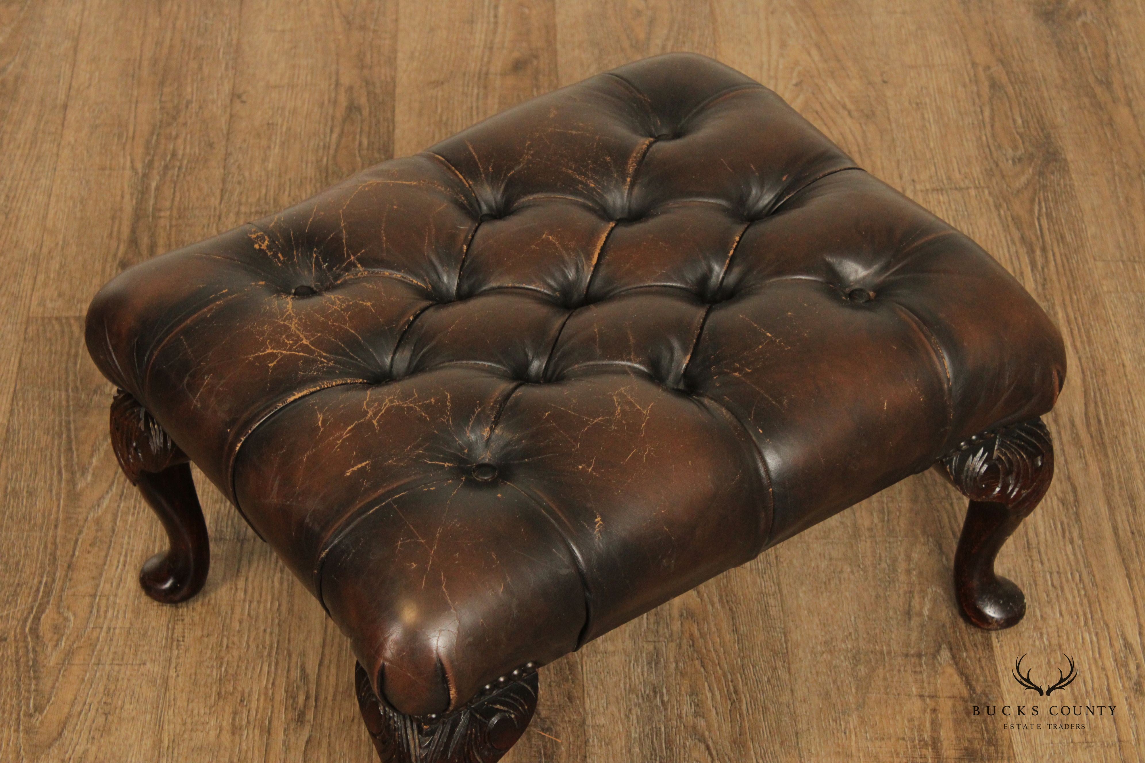 Georgian Style Vintage Tufted Leather Foot Stool