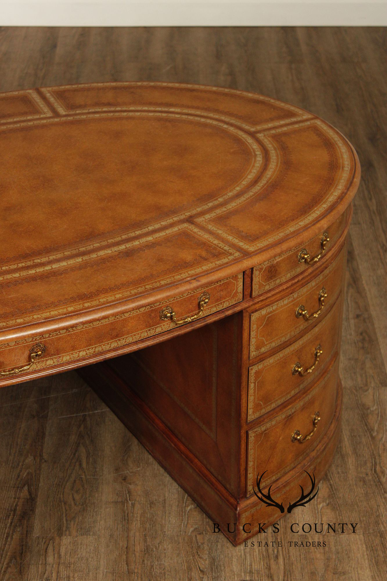 Maitland Smith Leather Wrapped Oval Executive Partners Desk
