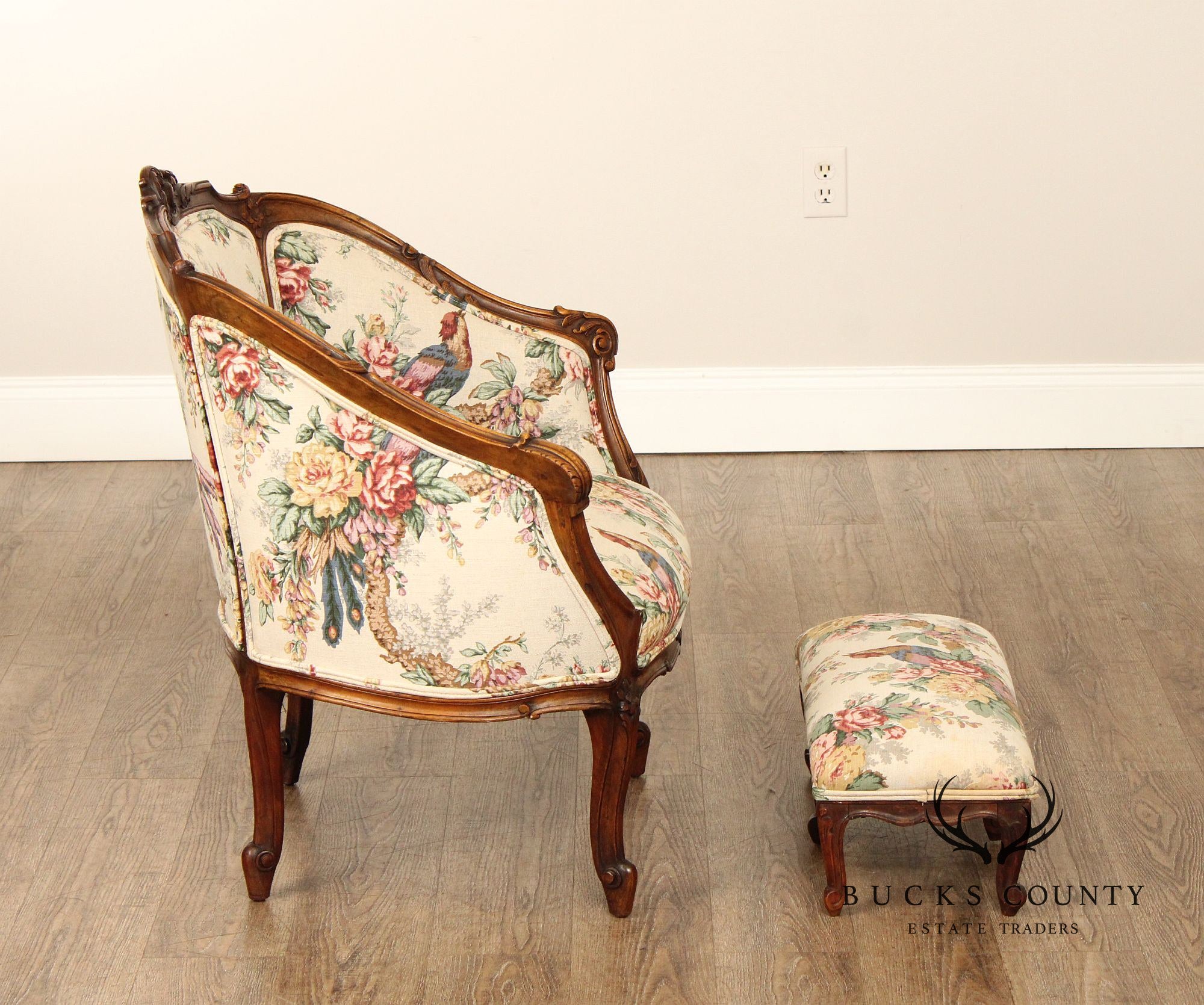 French Louis XV Style Antique Carved Walnut Bergere and Footstool