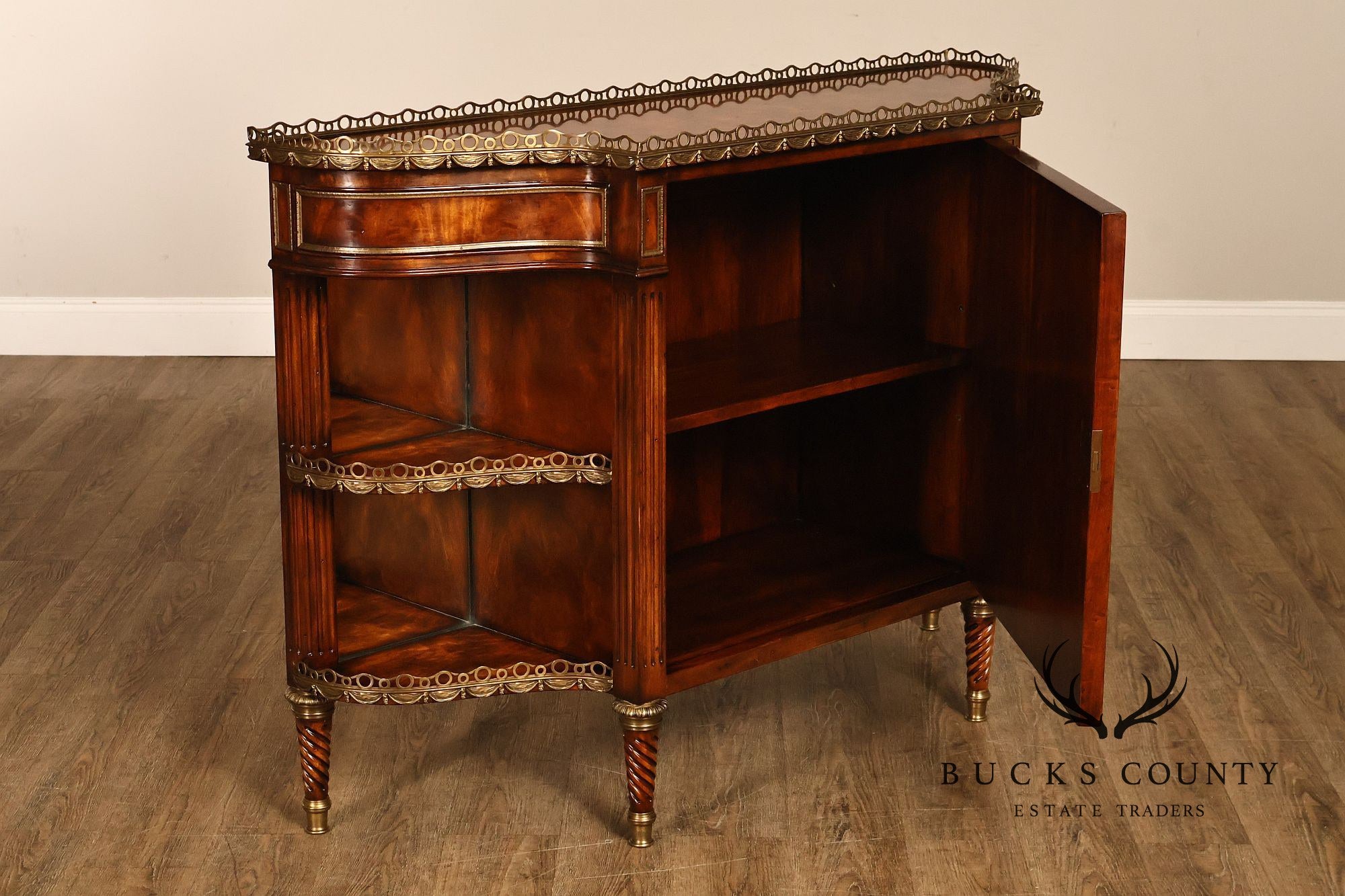 Theodore Alexander French Louis XVI Style Burl Wood Brass Mounted Gallery Top Pair Of Side Cabinets
