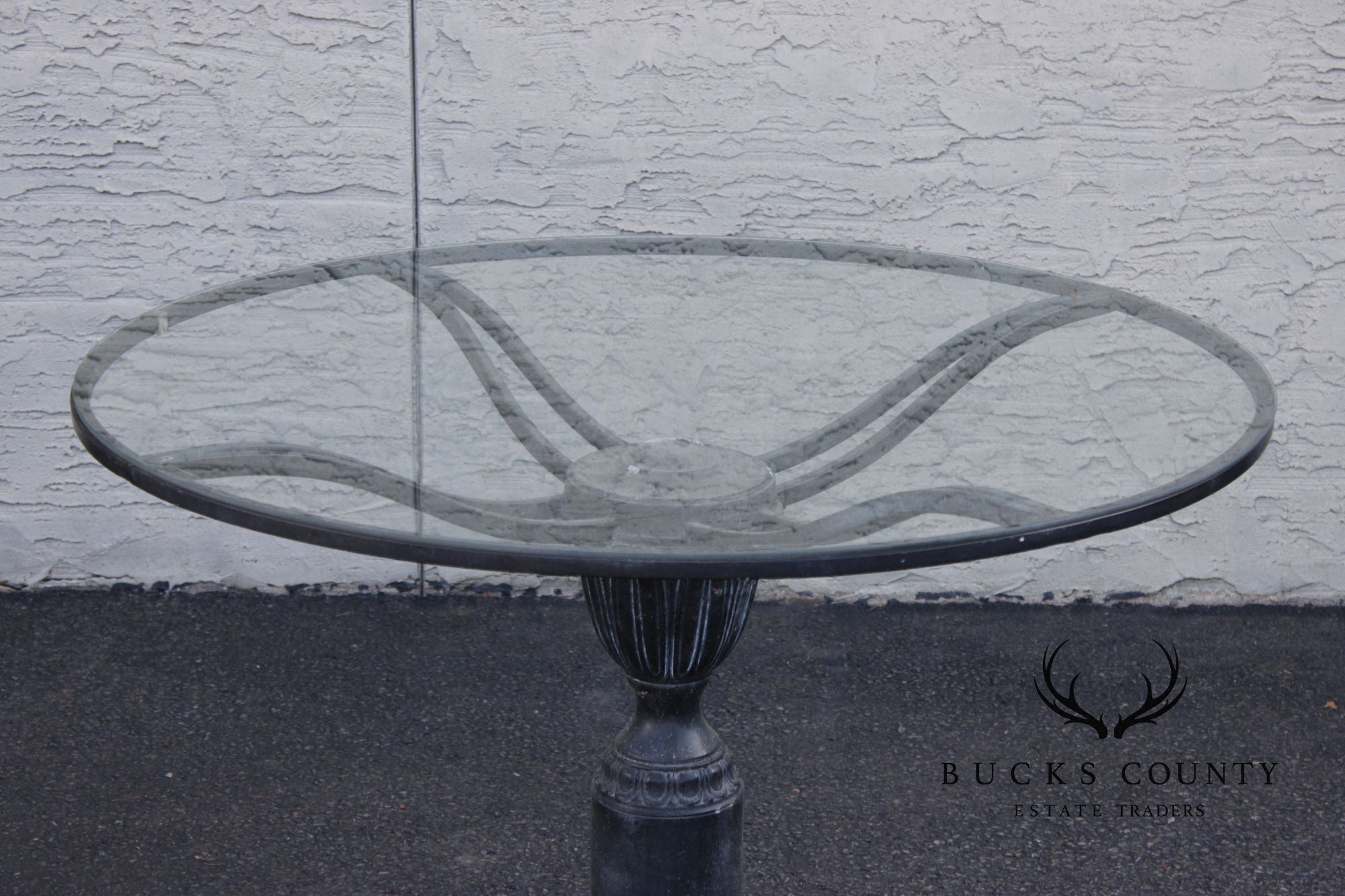 Vintage Cast Aluminum Round Glass Top Outdoor Patio Dining Table