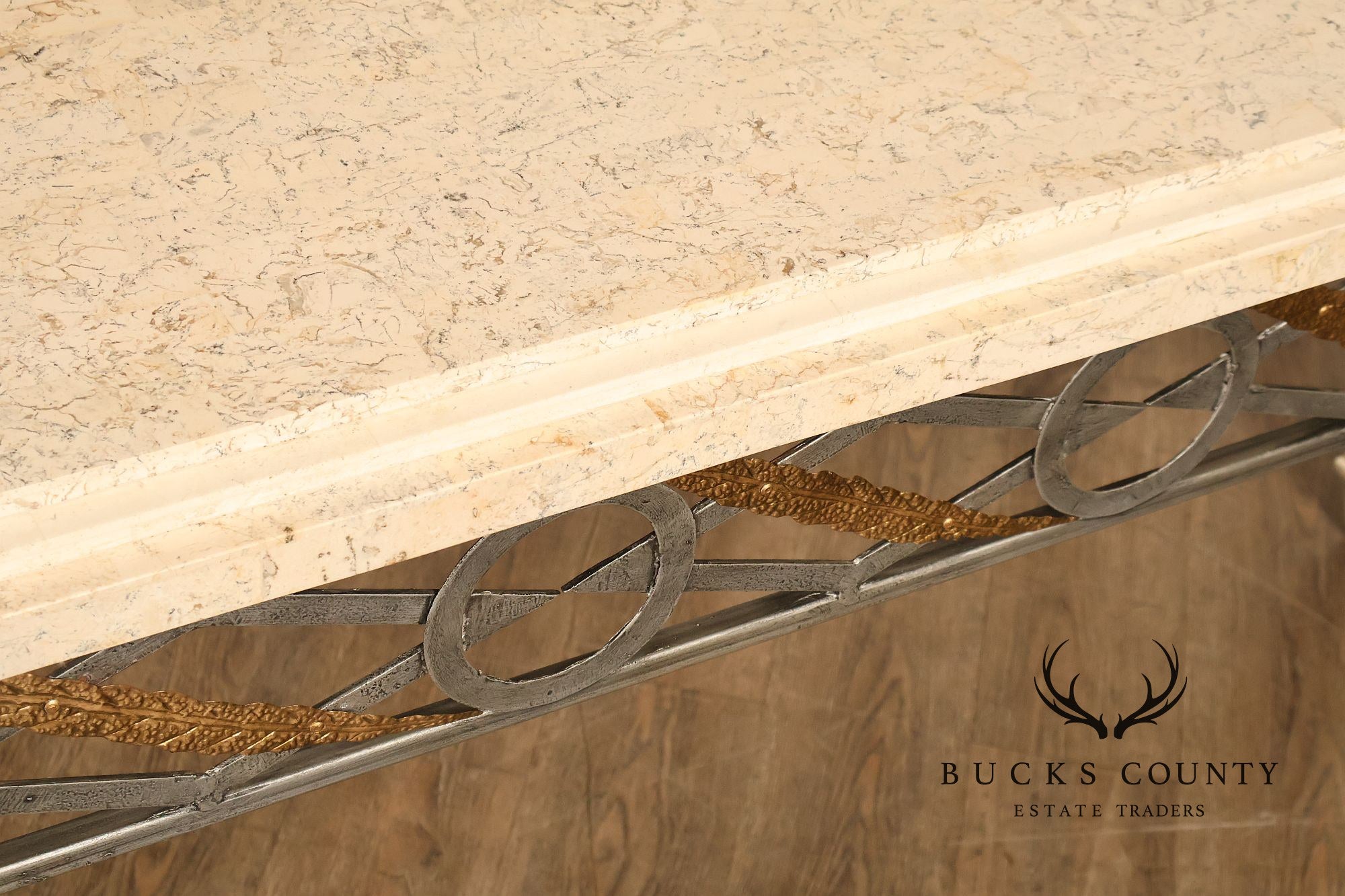 Neoclassical Style Travertine Console Table With Metal Stretcher