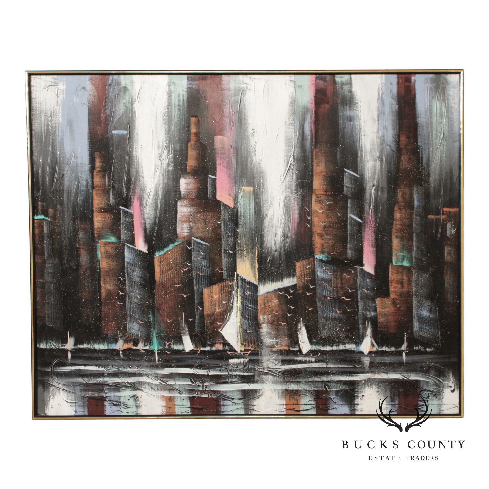 Artist Signed Large Abstract Painting of City Skyline