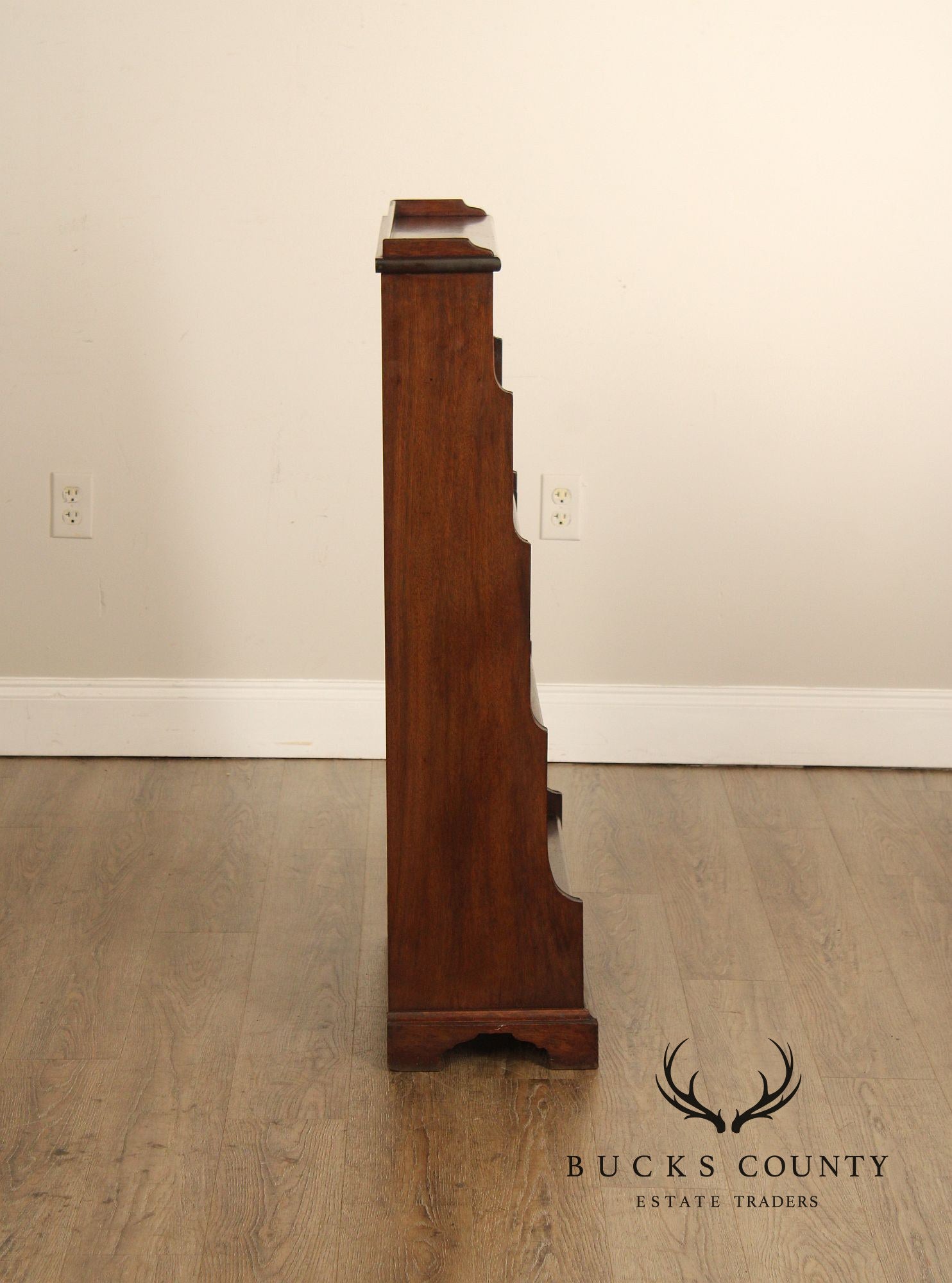 Vintage Georgian Style Narrow Mahogany Waterfall Open Bookcase With Drawer