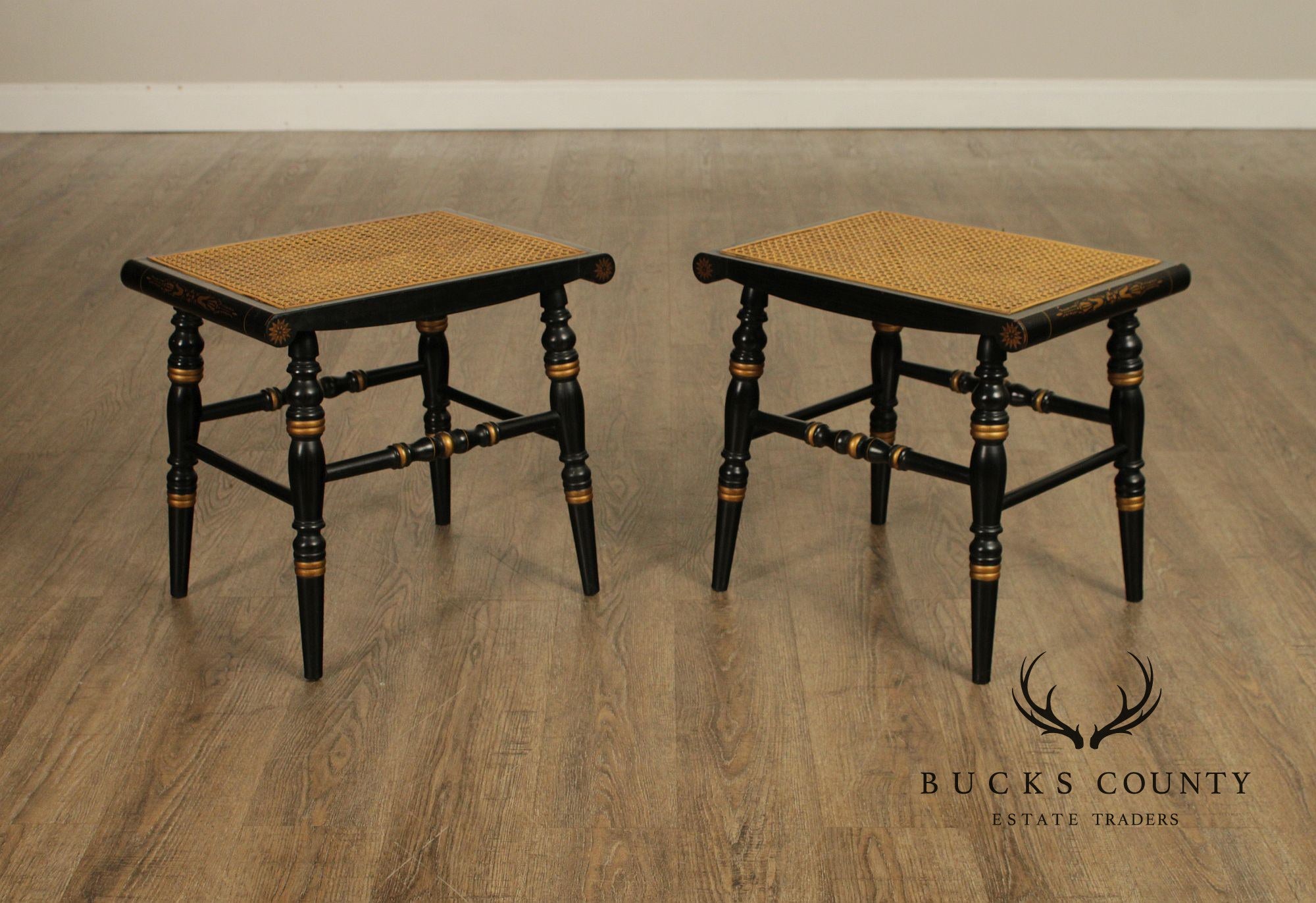 Pair Of L. Hitchcock Black And Gold Hand Stenciled Caned Benches