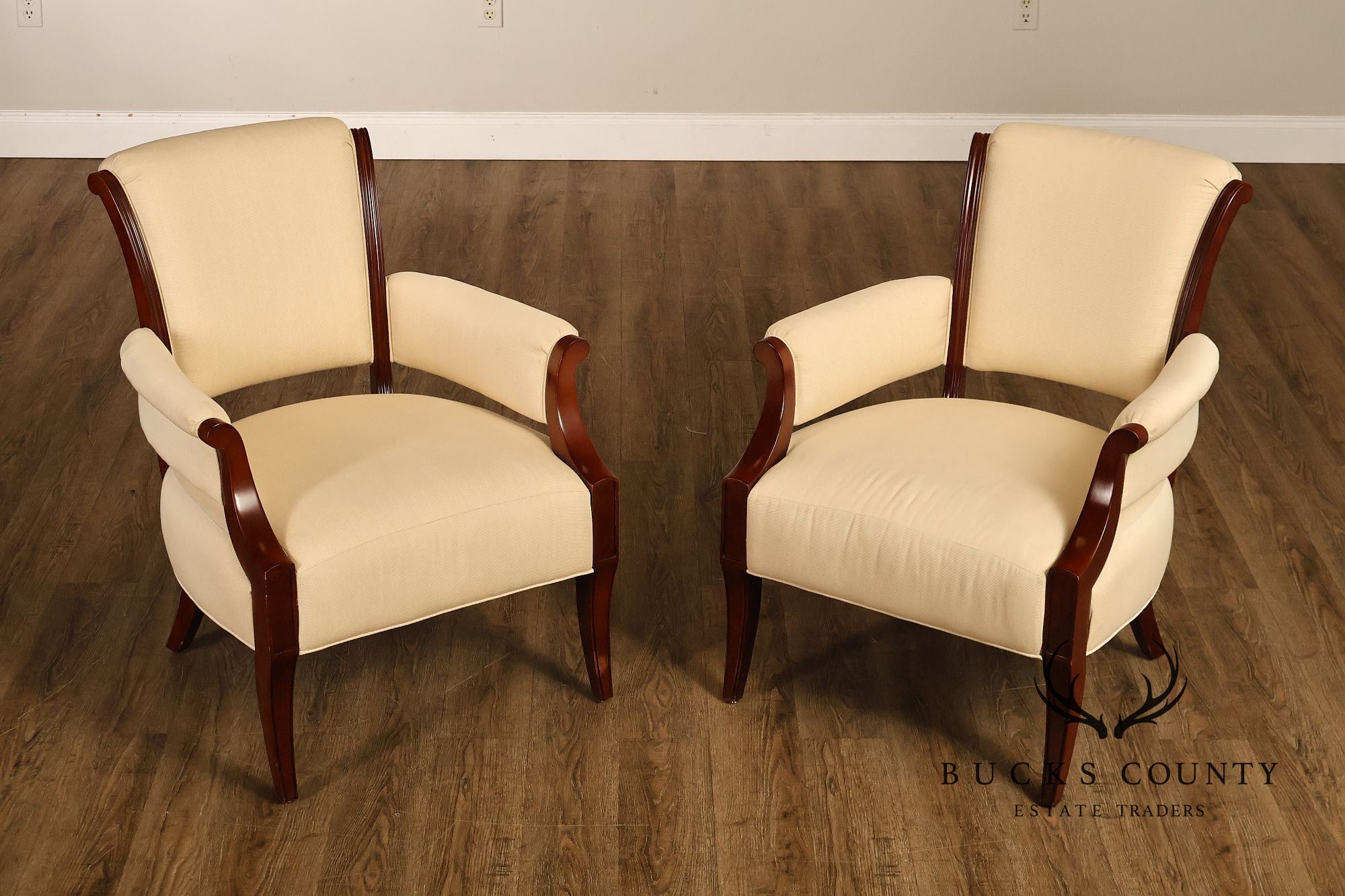 Baker French Art Deco Style Pair of Mahogany Armchairs