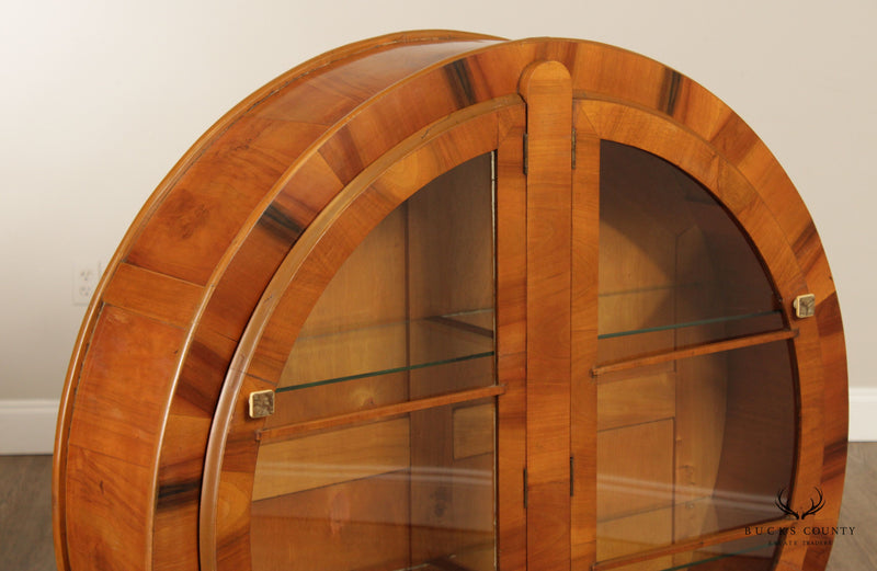 Art Deco Round Walnut Glass Door Display Bookcase Cabinet