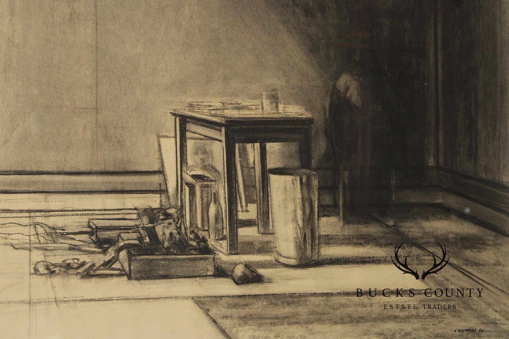 Sidney Goodman Charcoal Drawing, 'Interior with Figure'
