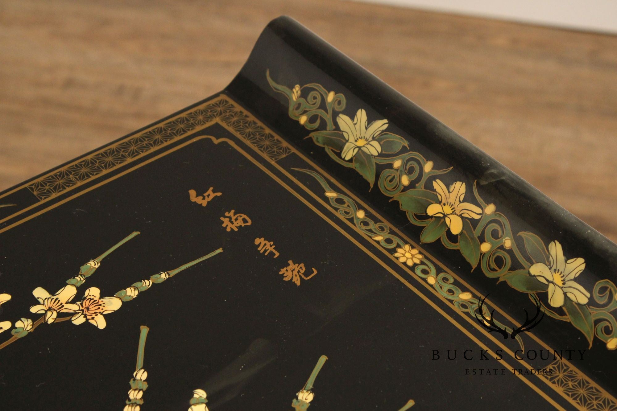 Chinoiserie Painted Vintage Black Lacquer Console Table