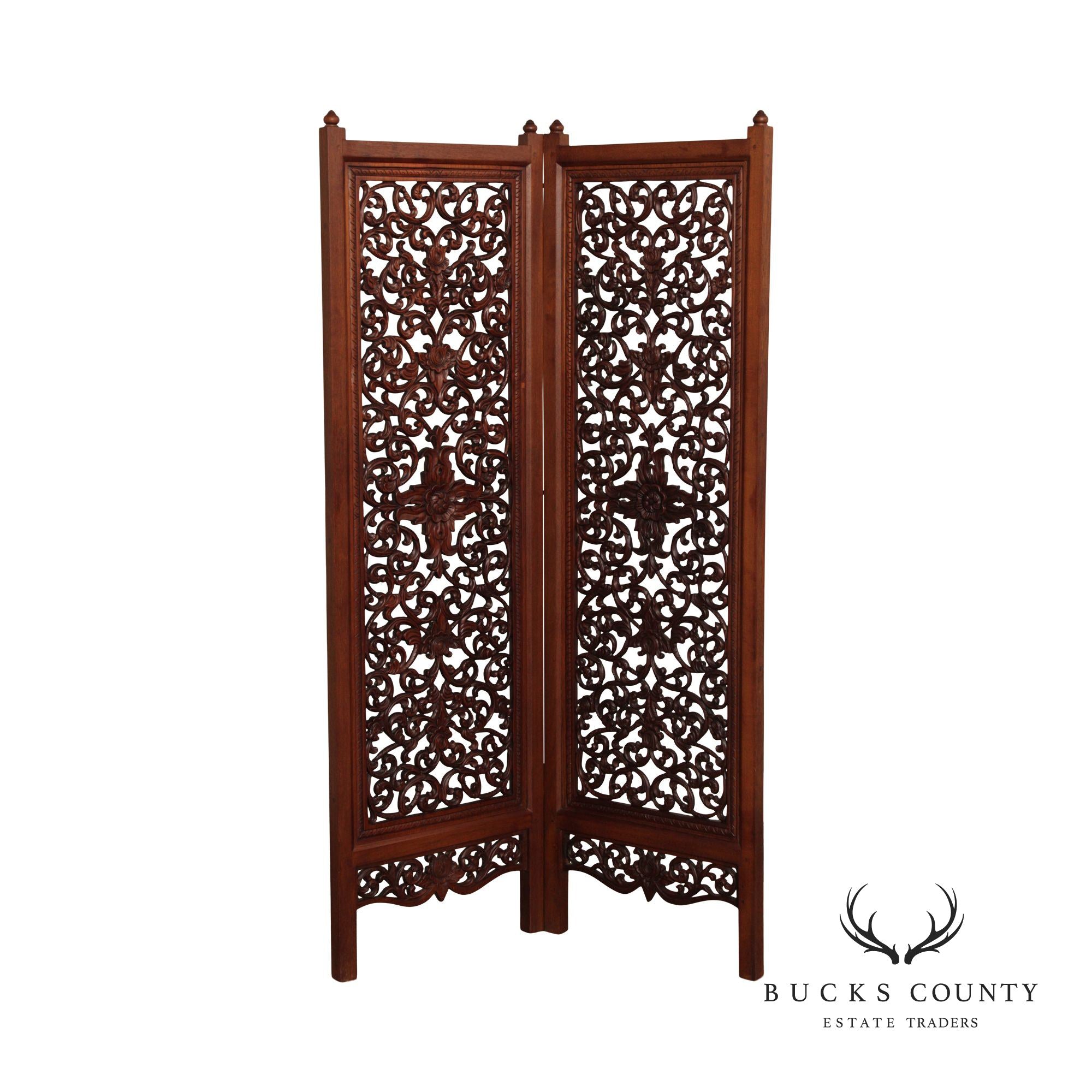 Ornate Carved Mahogany Folding Two-Panel Dressing Screen