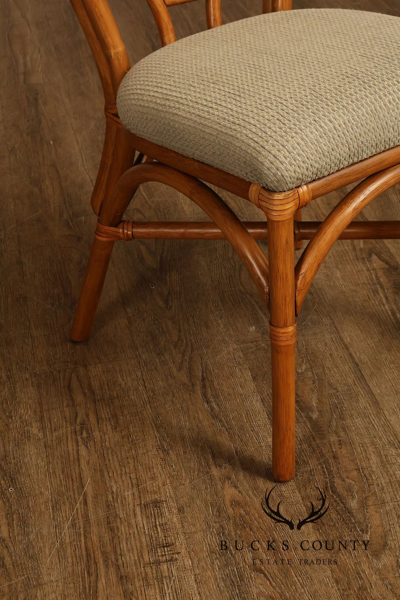 Coastal Style Pair Of Rattan Dining Chairs With Upholstered Seats