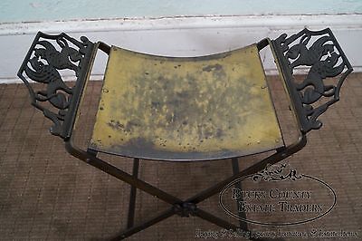 Antique Oscar Bach Style Iron X Base Bench Stool w/ Winged Griffins