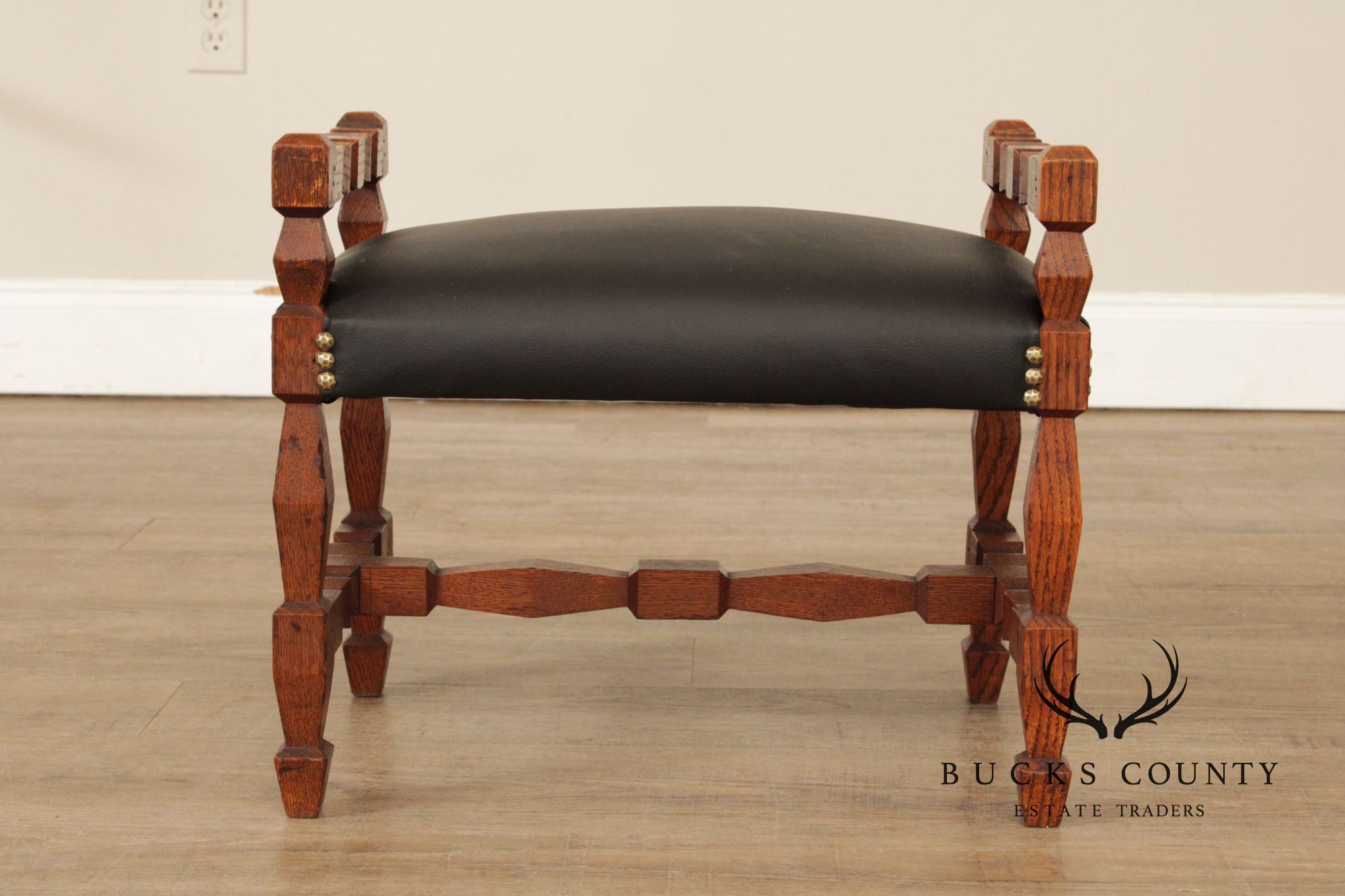 Unusual Antique Arts & Crafts Carved Oak Bench