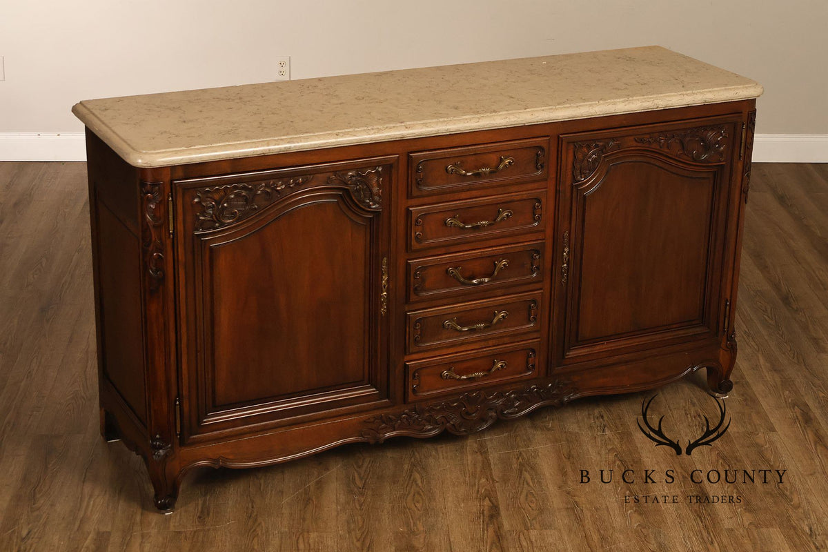 French Louis XV Style Carved Walnut Marble Top Sideboard