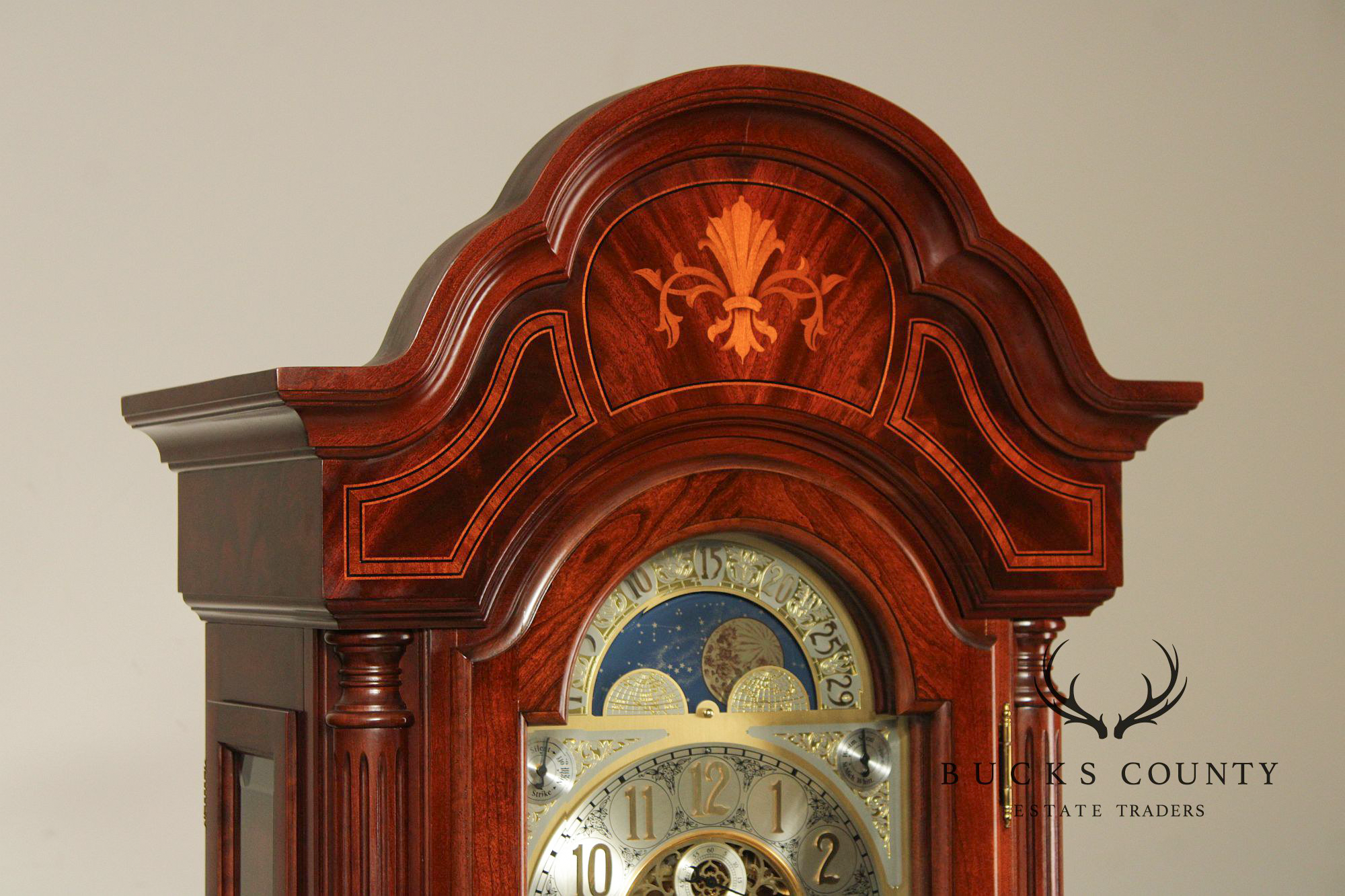 Sligh Mahogany Inlaid Grandfather Clock With Moon Phase Dial