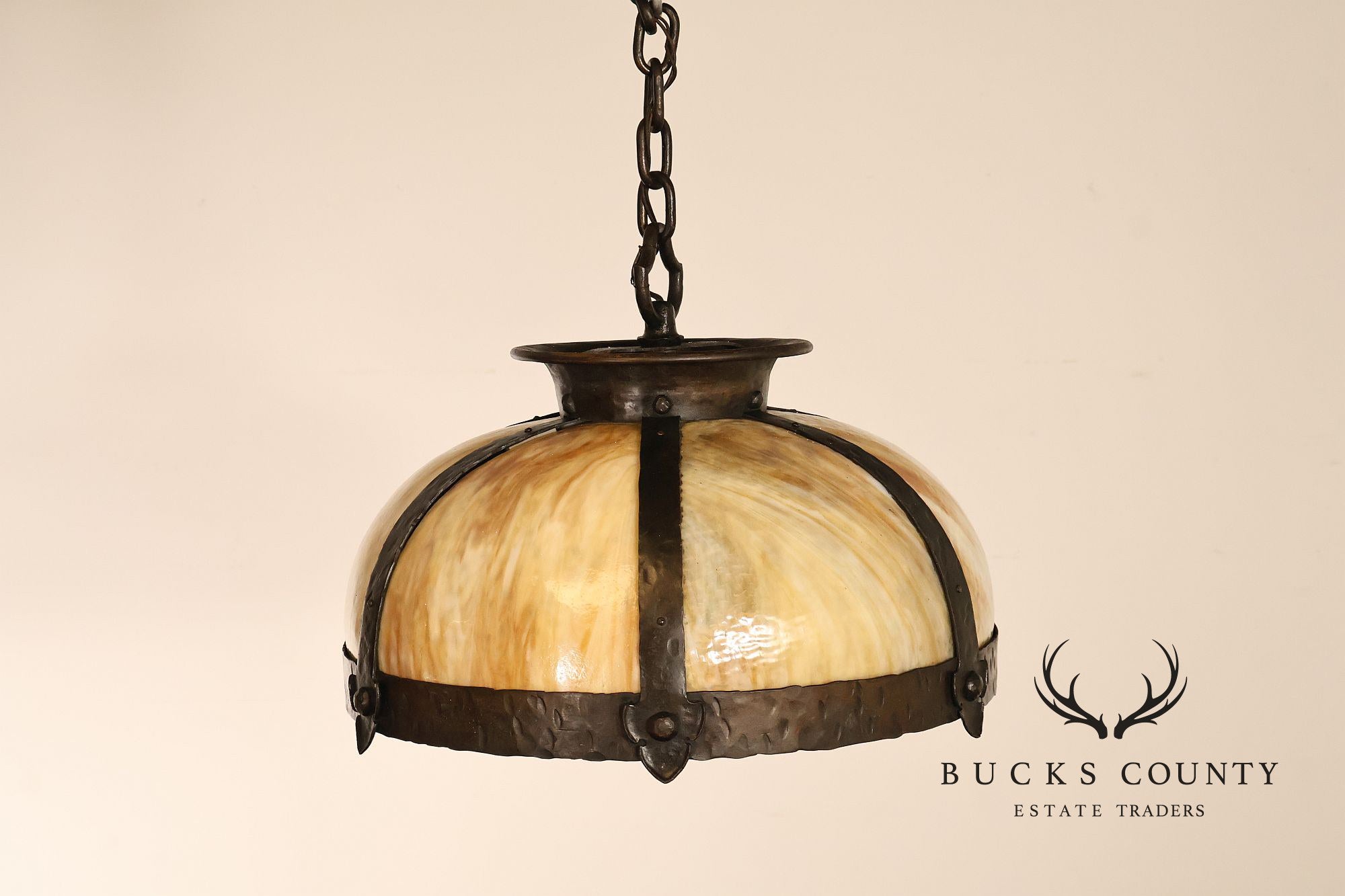 Antique Arts & Crafts Style Slag Glass Dome Pendant Chandelier