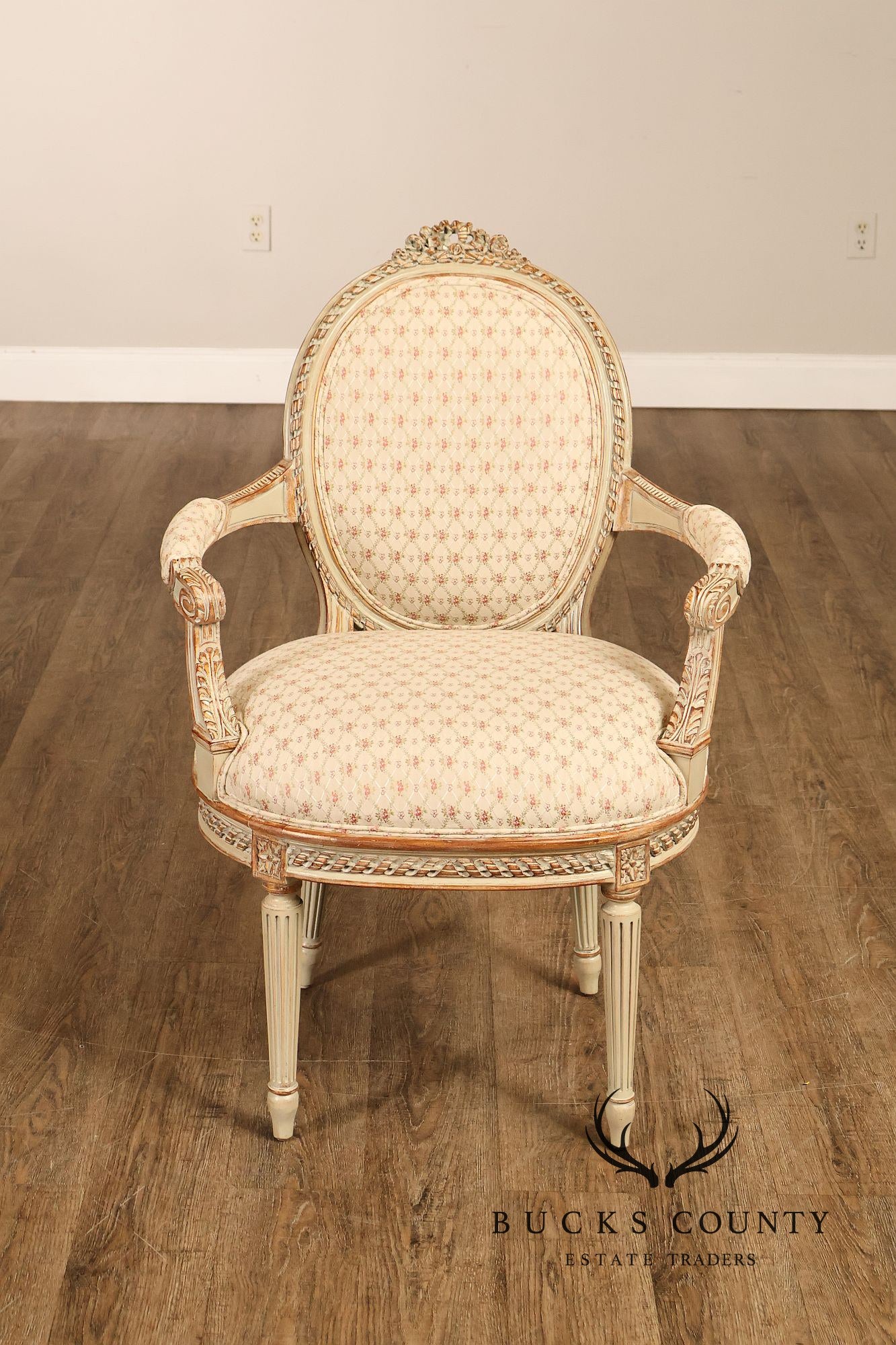 French Louis XVI Style Pair of Cream Painted Armchairs