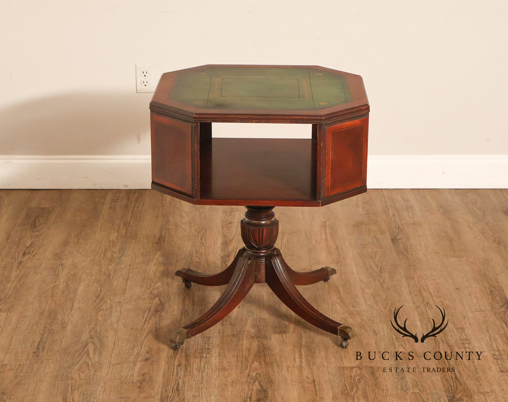 1940's Vintage Pair of Regency Style Mahogany Green Leather Top Pedestal Side Tables