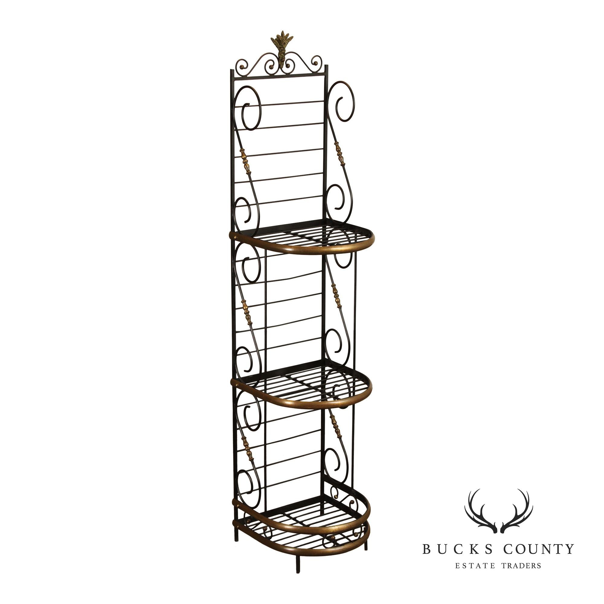 French Country Style Vintage Wrought Iron And Brass Narrow Bakers Rack