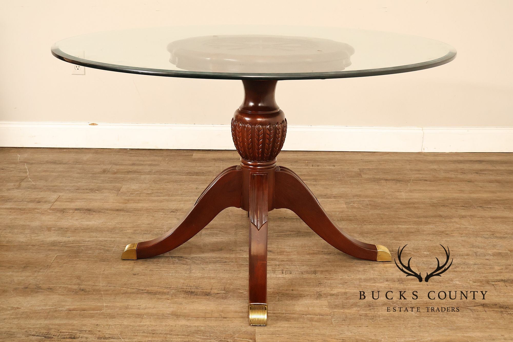 Lexington Furniture Round Glass Top Carved Mahogany Pedestal Table with Center Medallion