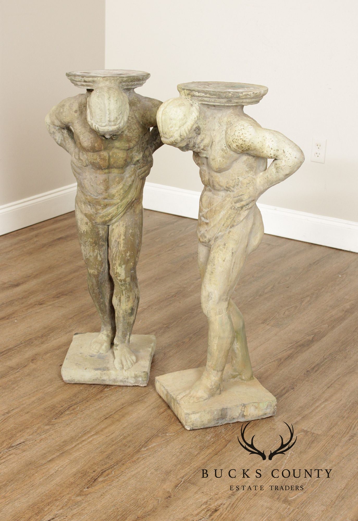 Cast Stone Vintage Pair Of 'Hercules' Figural Garden Statue Pedestals