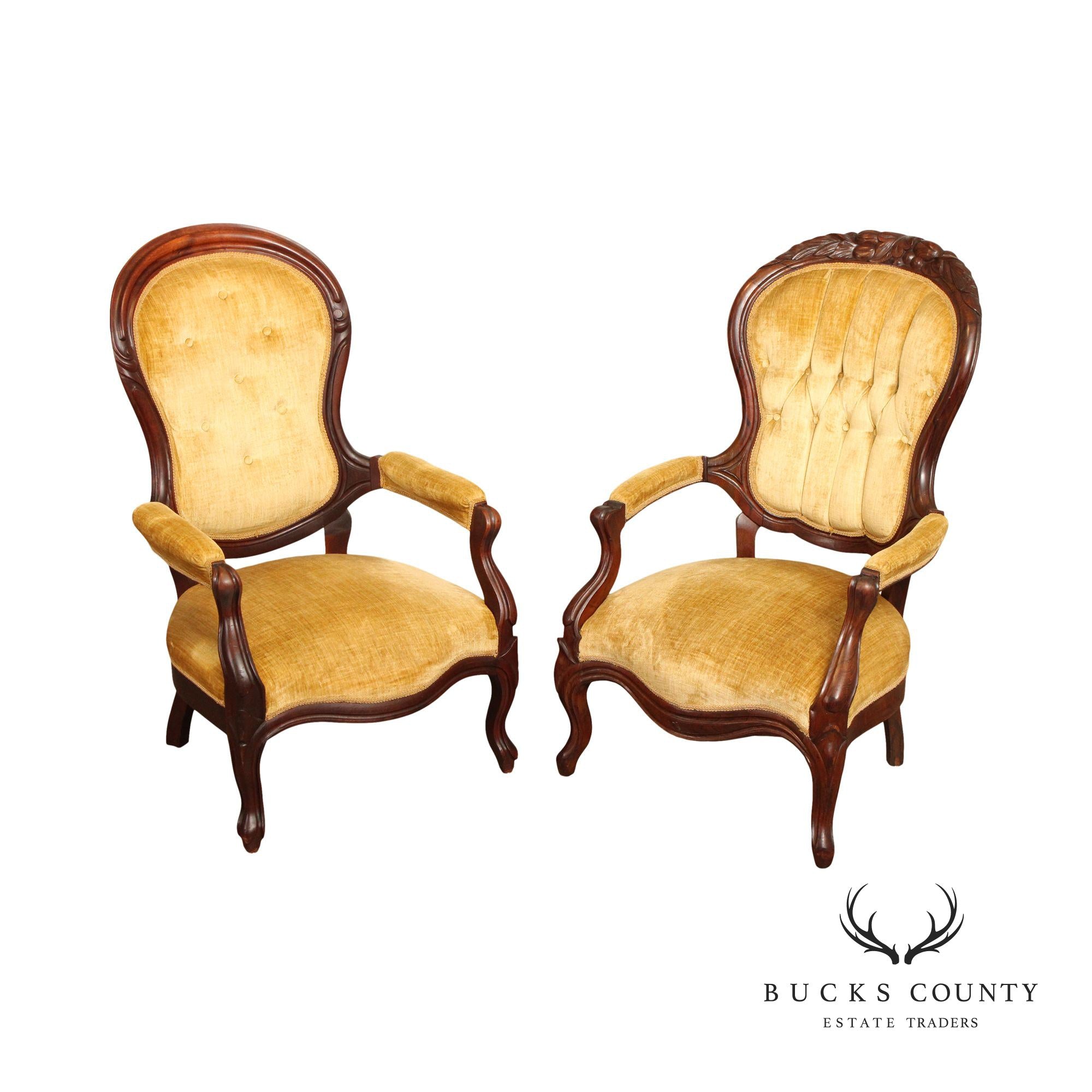 Antique Victorian Lady's and Gentleman's Complimenting Pair of Walnut Armchairs