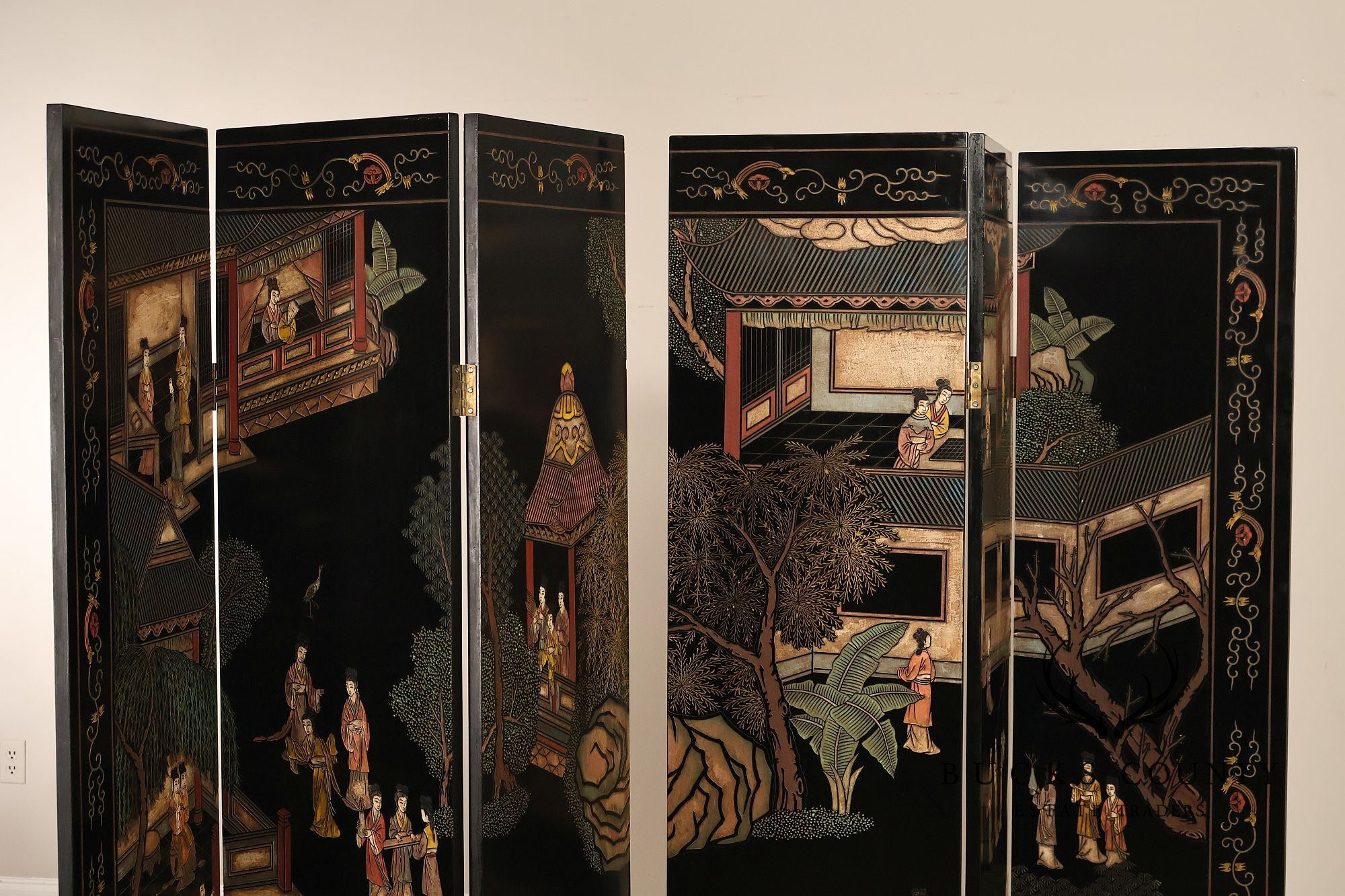 Asian Style Black Vintage Lacquer Six Panel Folding Screen