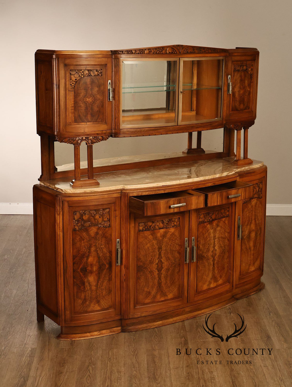 Antique European Art Deco Burl Walnut Marble Top Buffet With Art Nouveau Influence