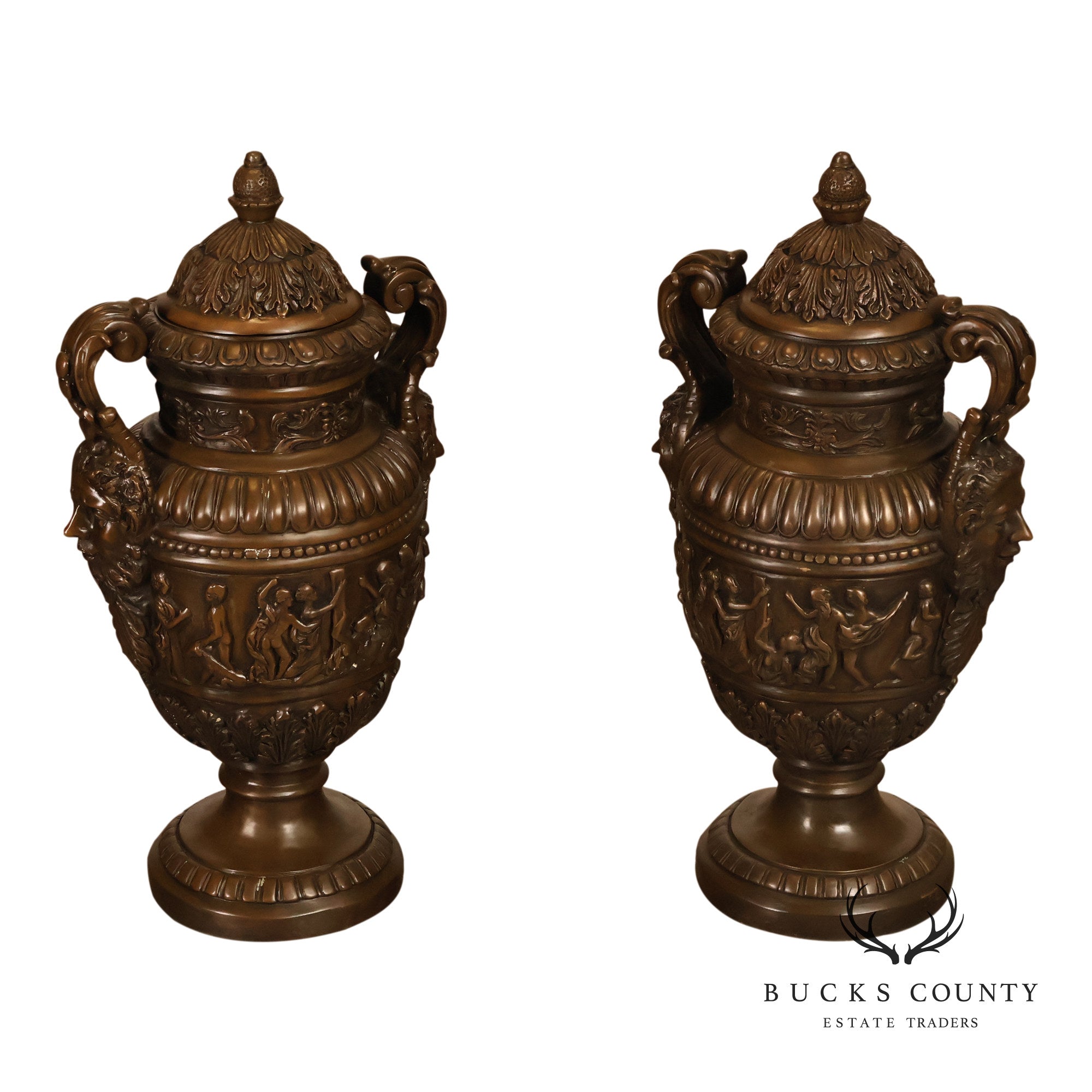 Neoclassical Style Large Pair Of Cast Bronze Covered Urns With Figural Relief