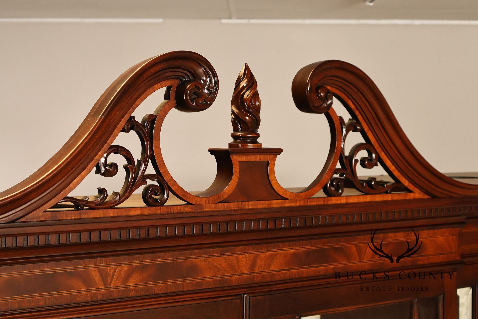Karges English Style Mahogany Breakfront China Cabinet Display Bookcase with Carved Pediment and Silk Backing