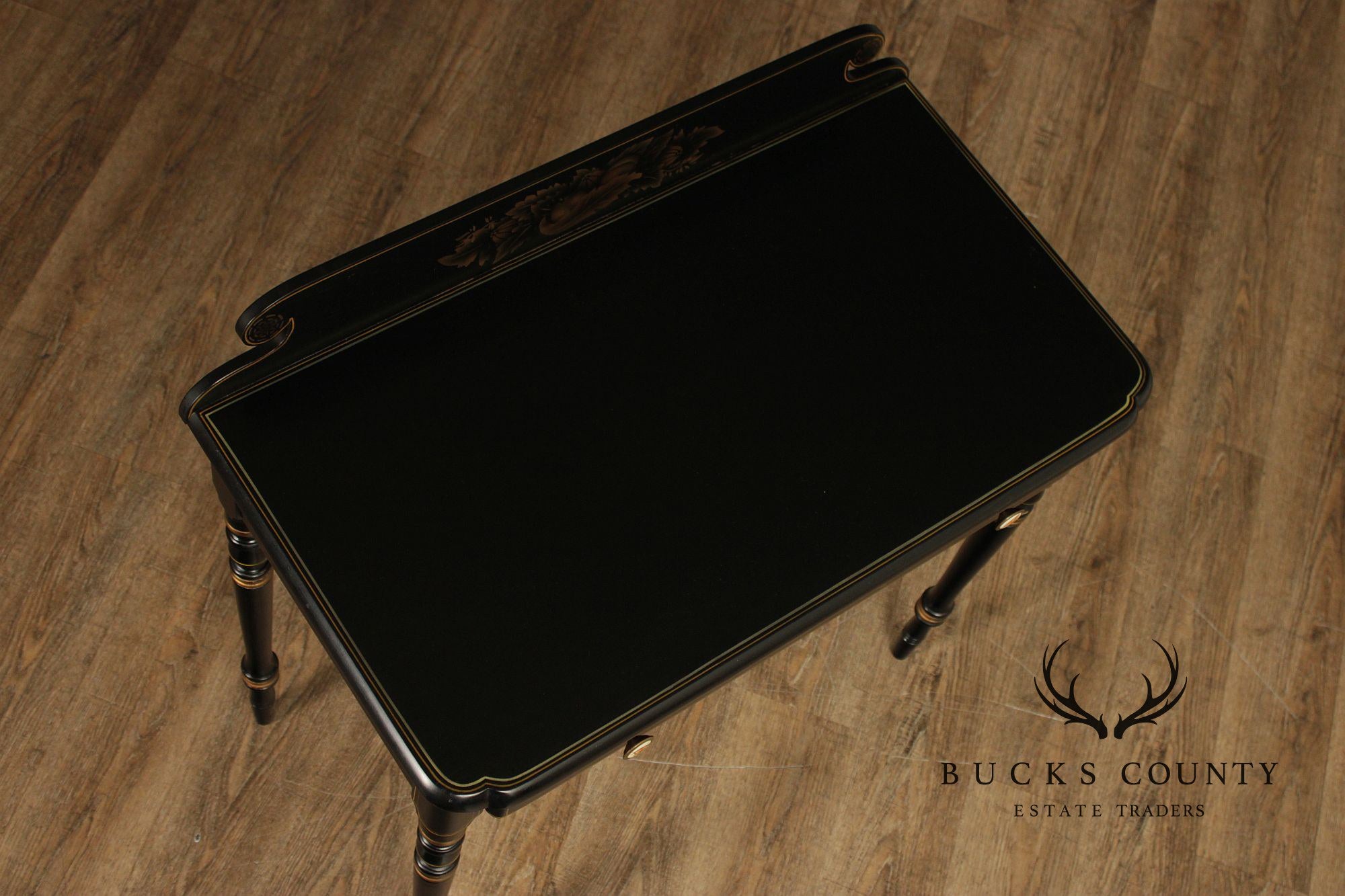 L. Hitchcock Black And Gold Stenciled Vanity Desk And Stool