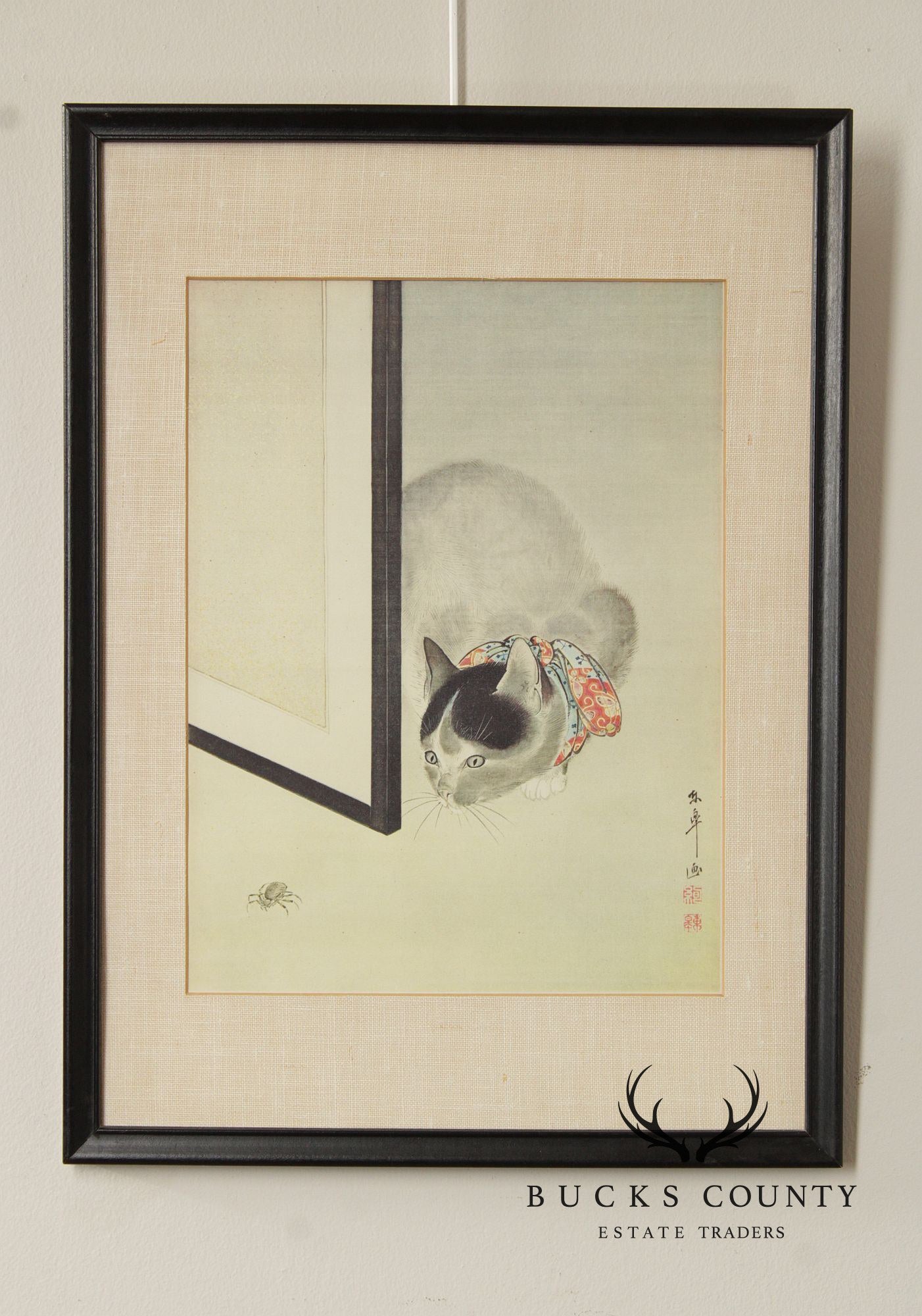 Tsuguharu Foujita Framed Japanese Woodblock Print, Cat and Spider