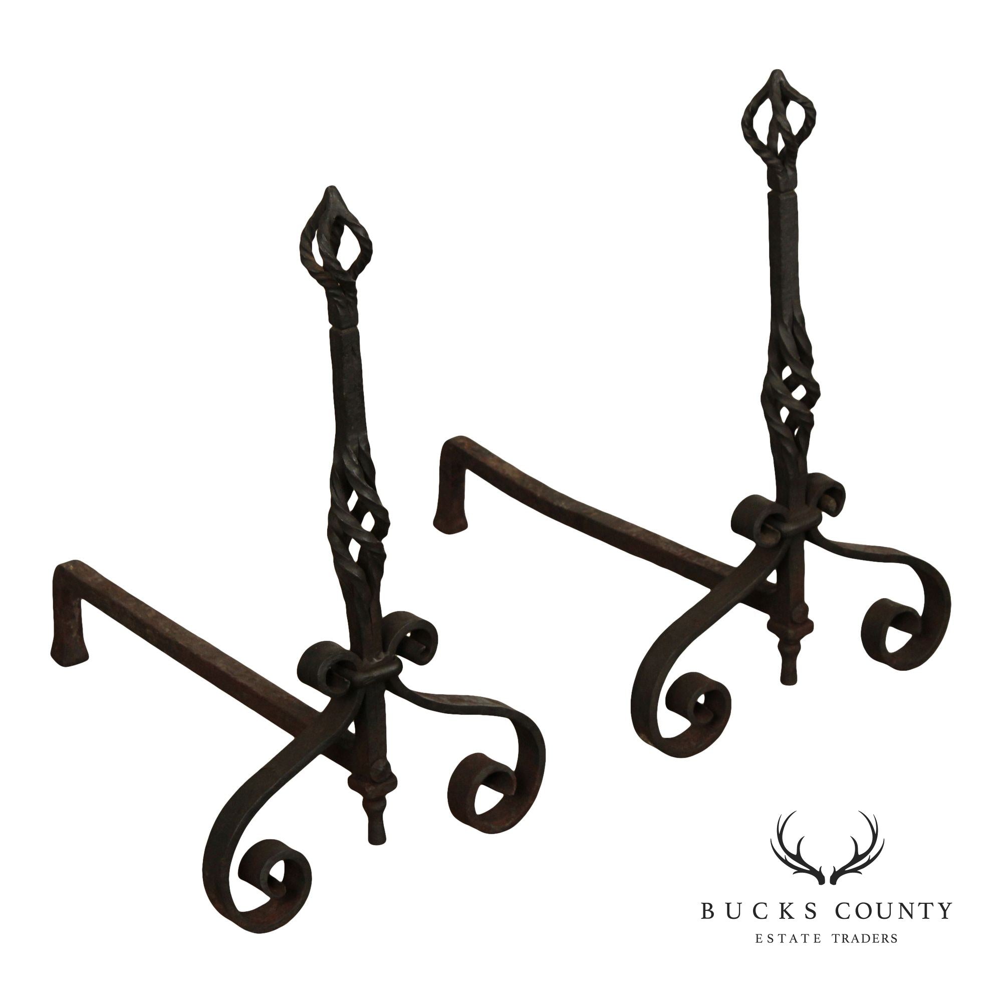 Antique Arts & Crafts Pair of Wrought Iron Fireplace Andirons