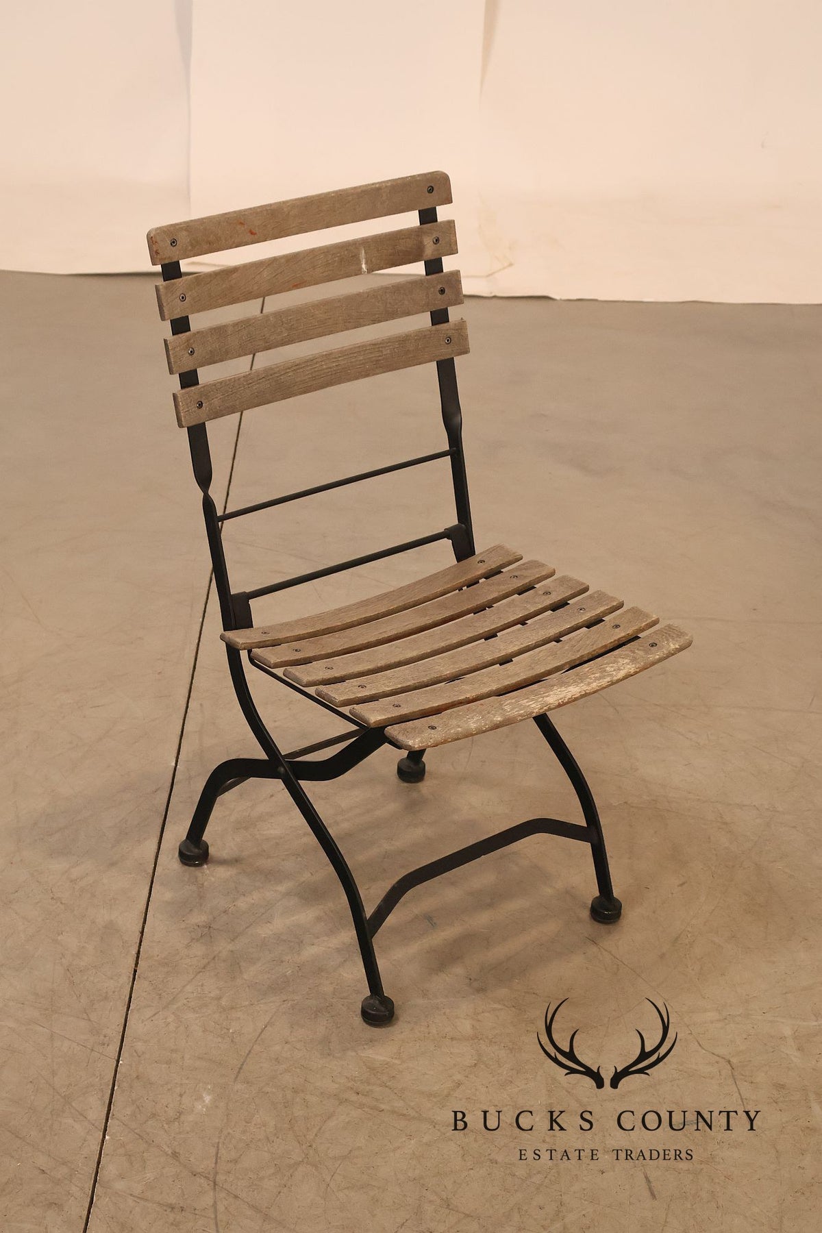 French Style Set of Four Teak and Wrought Iron Bistro Chairs