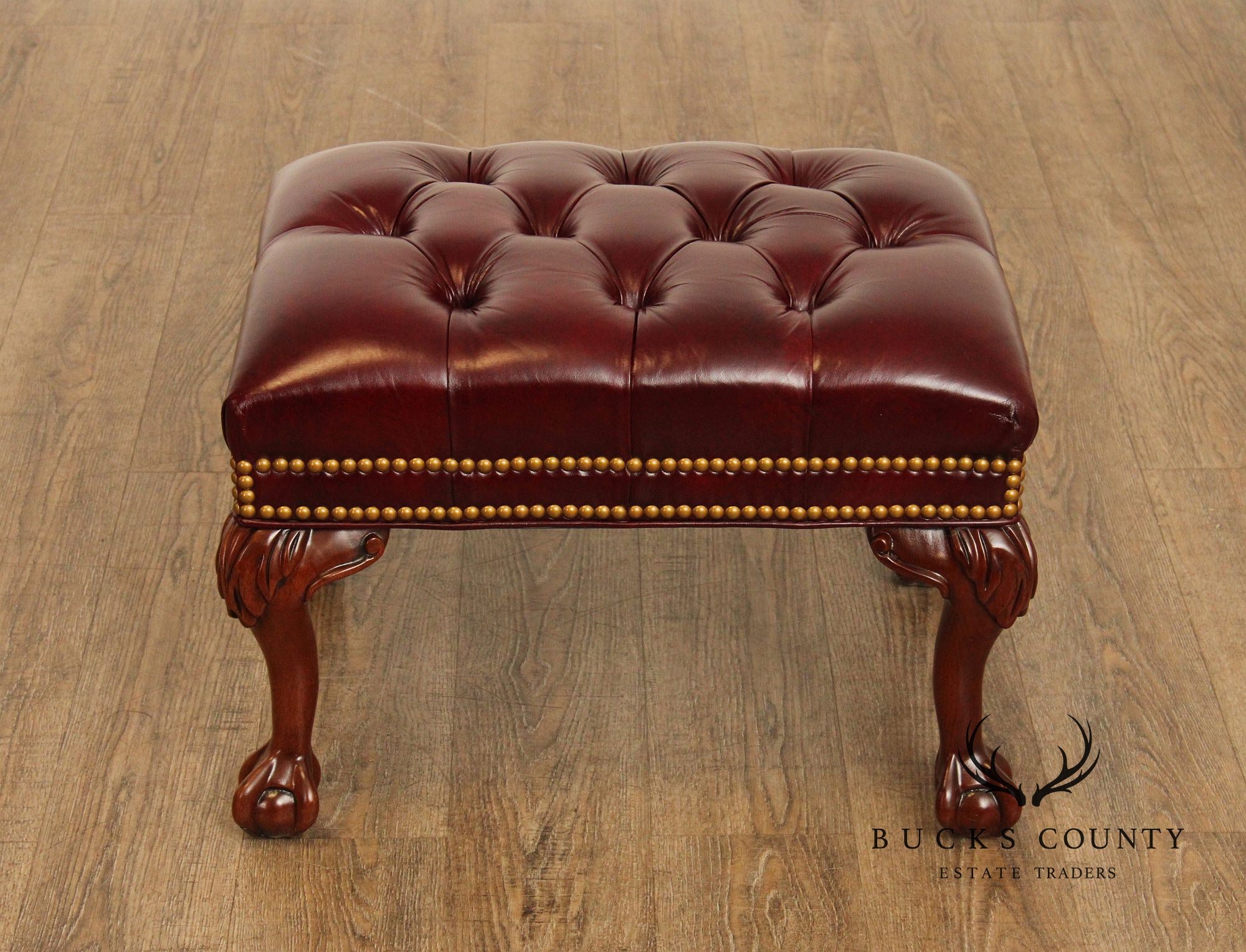 Georgian Style Tufted Oxblood Leather 'Reynolds' Wing Chair and Ottoman