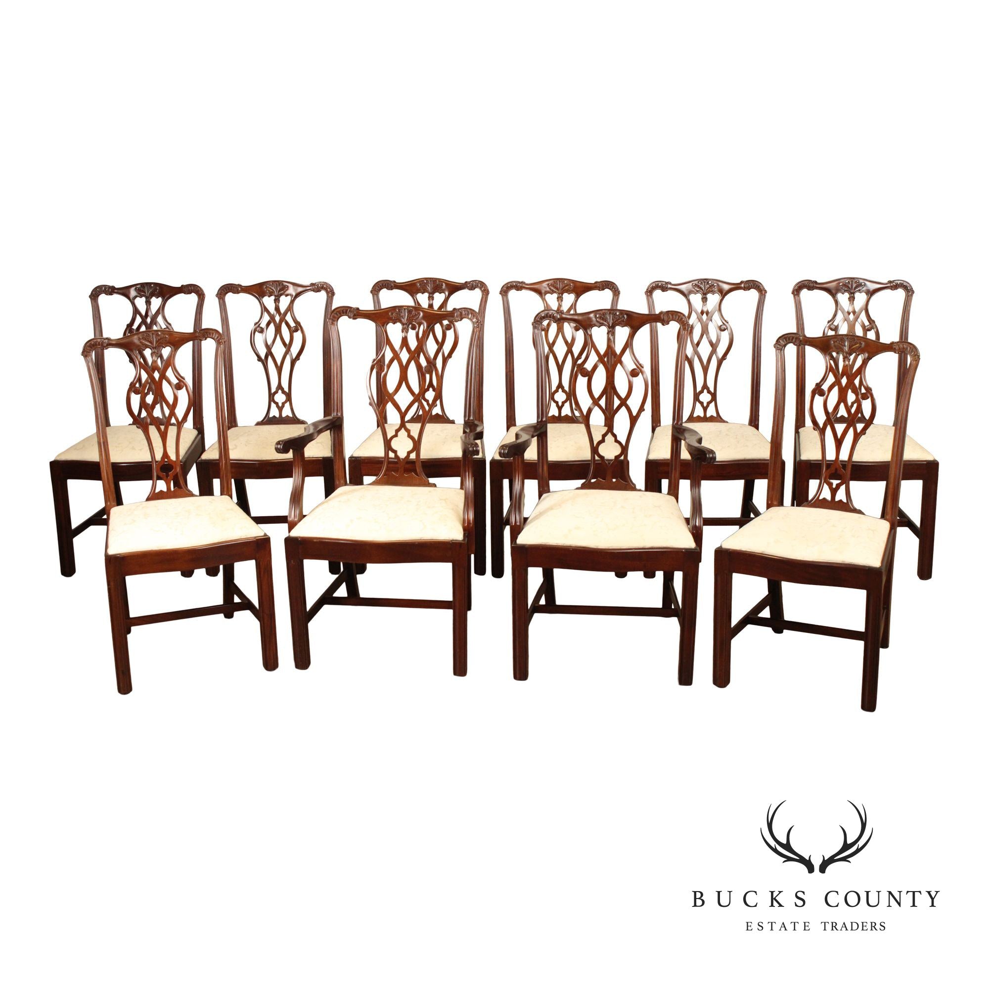 Chippendale Style Quality Set Of Ten Solid Mahogany Dining Chairs