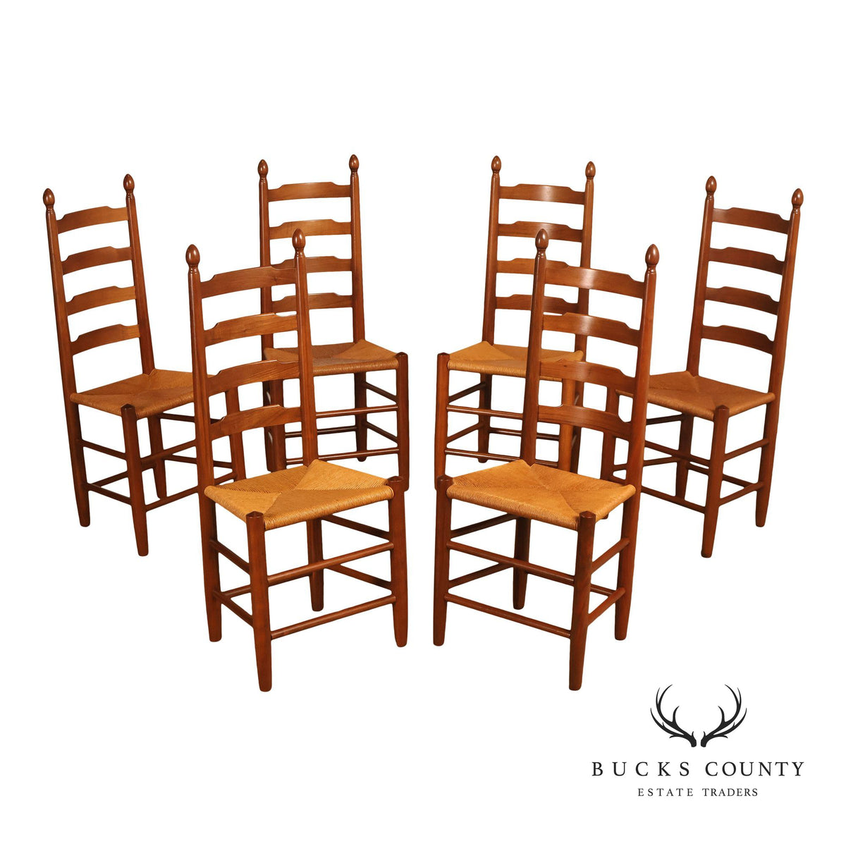EA Clore & Sons Set Of Six Walnut Ladder Back Dining Chairs With Rush Seats