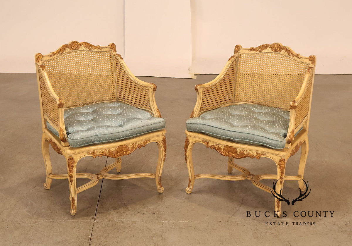 French Regency Pair of Caned Bergere Armchairs