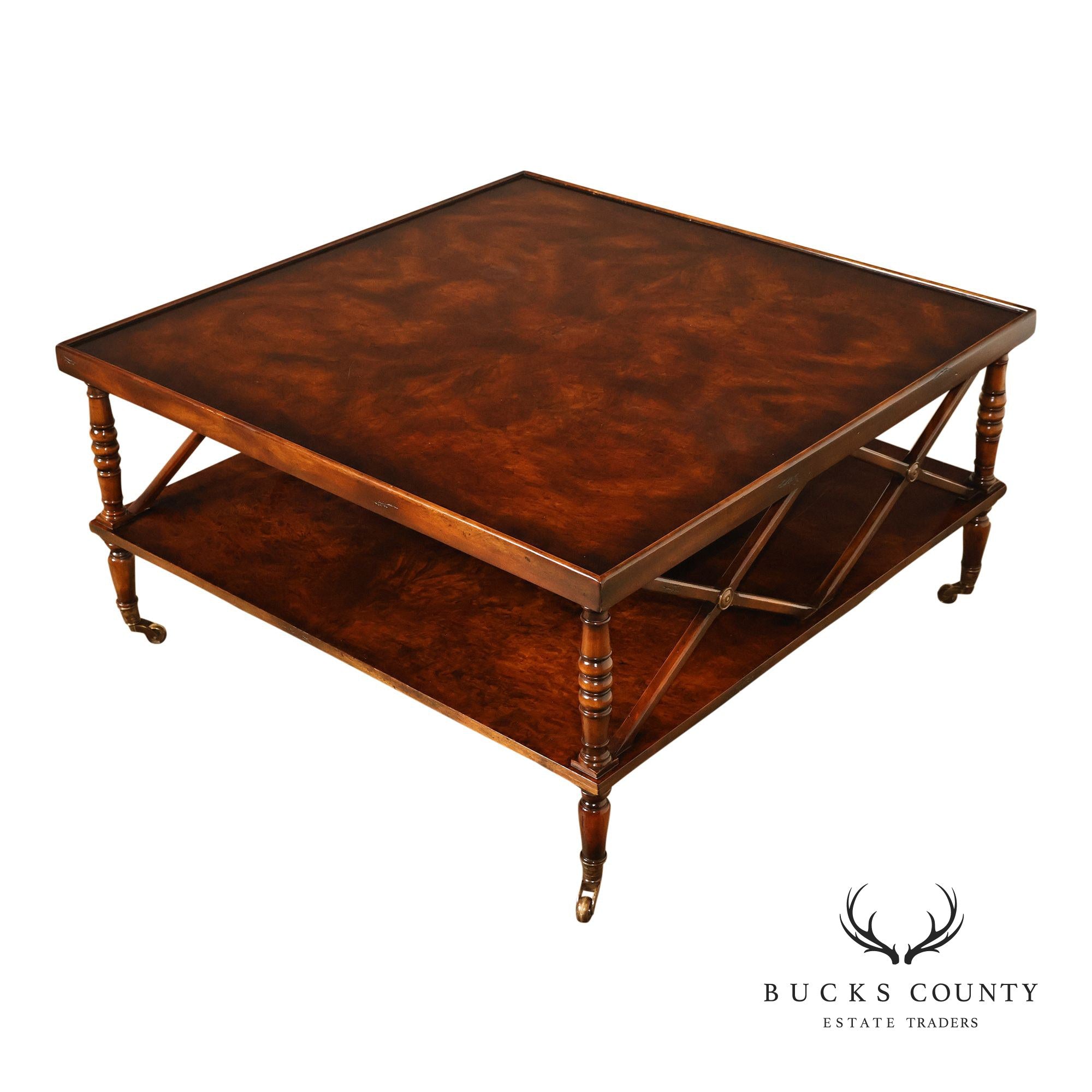 Regency Style Burl Wood Two-Tier Square Coffee Table On Brass Casters