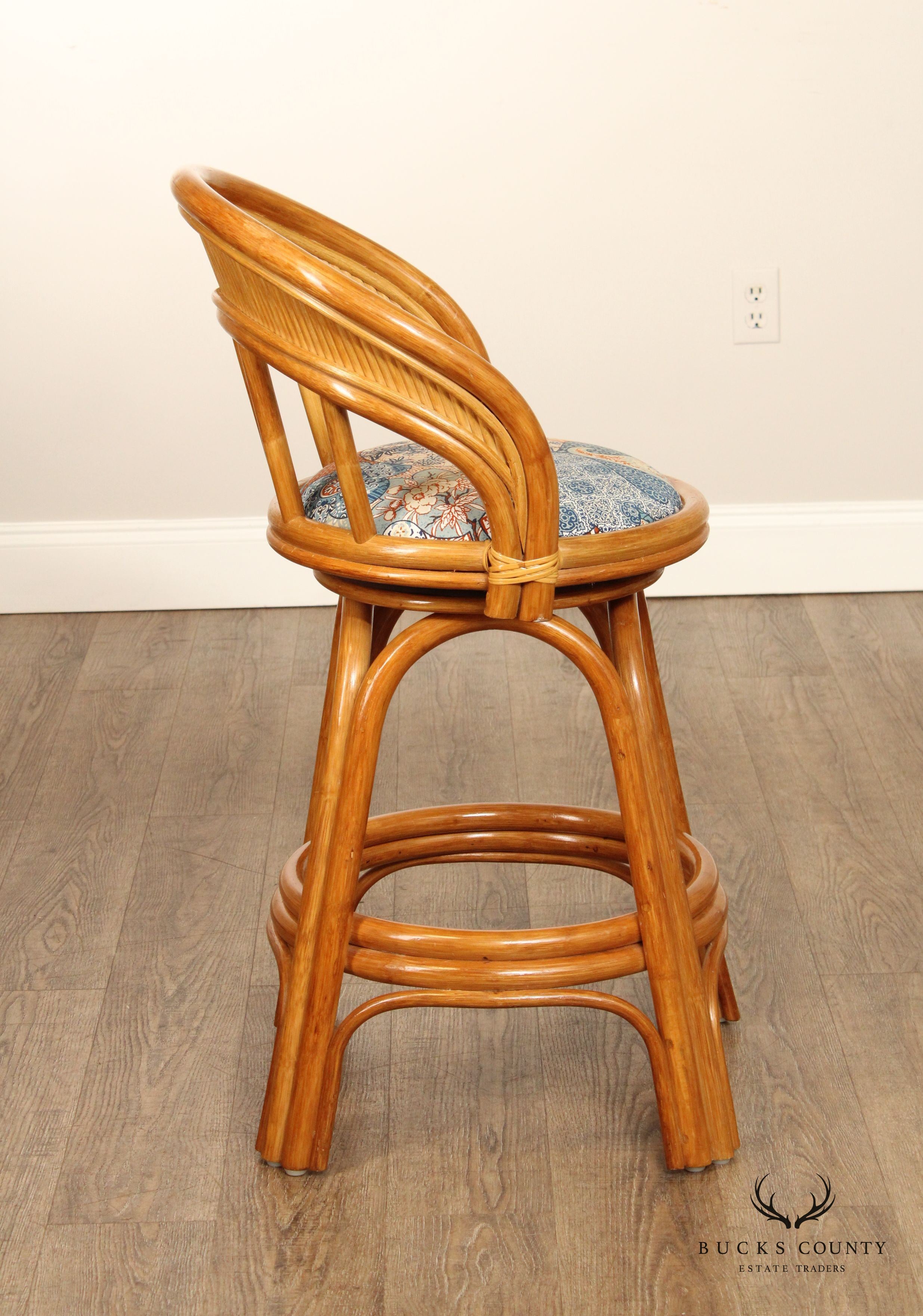 Hollywood Regency Style Vintage Pair of Rattan Swivel Counter Stools