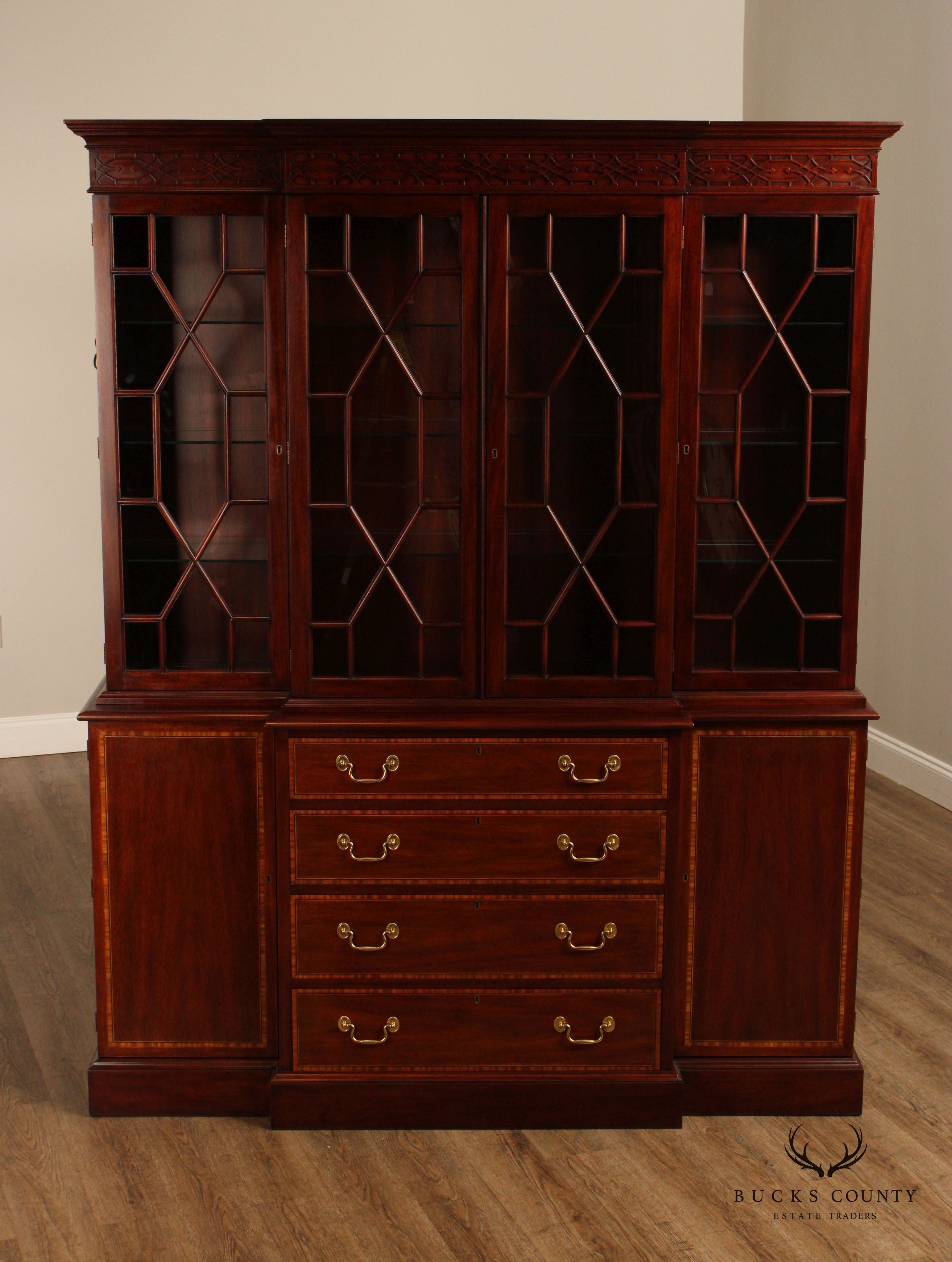 Henkel Harris Georgian Style Inlaid Mahogany Breakfront Bookcase