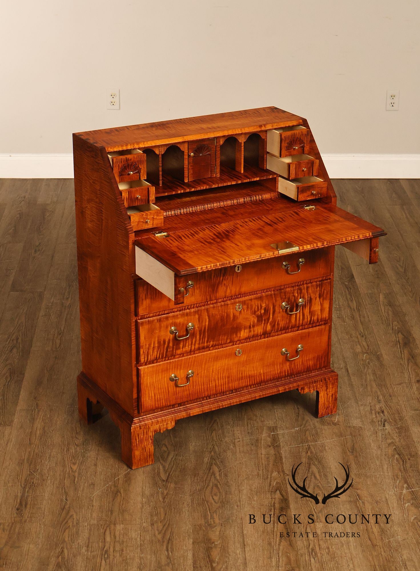 Custom Tiger Maple Slant Drop Front Secretary Desk