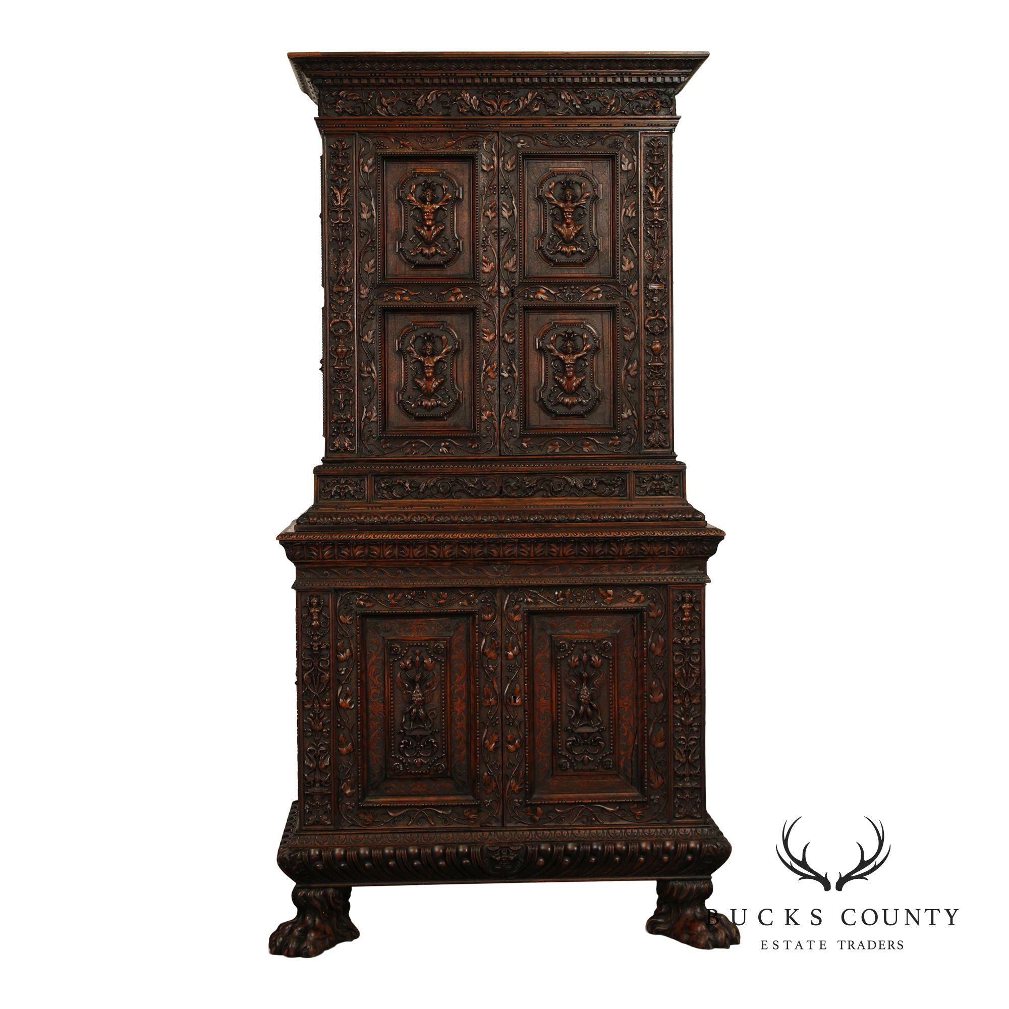 Antique French Renaissance Revival Finely Carved Walnut Cabinet