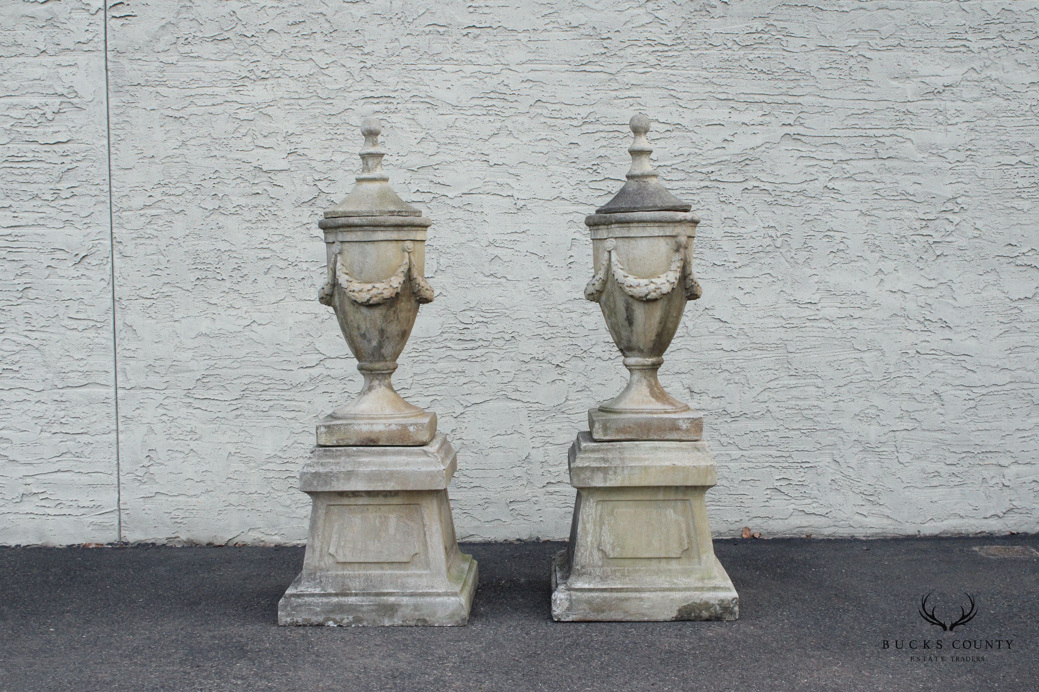Pair Of Neoclassical Style Cast Stone Garden Urns On Pedestals