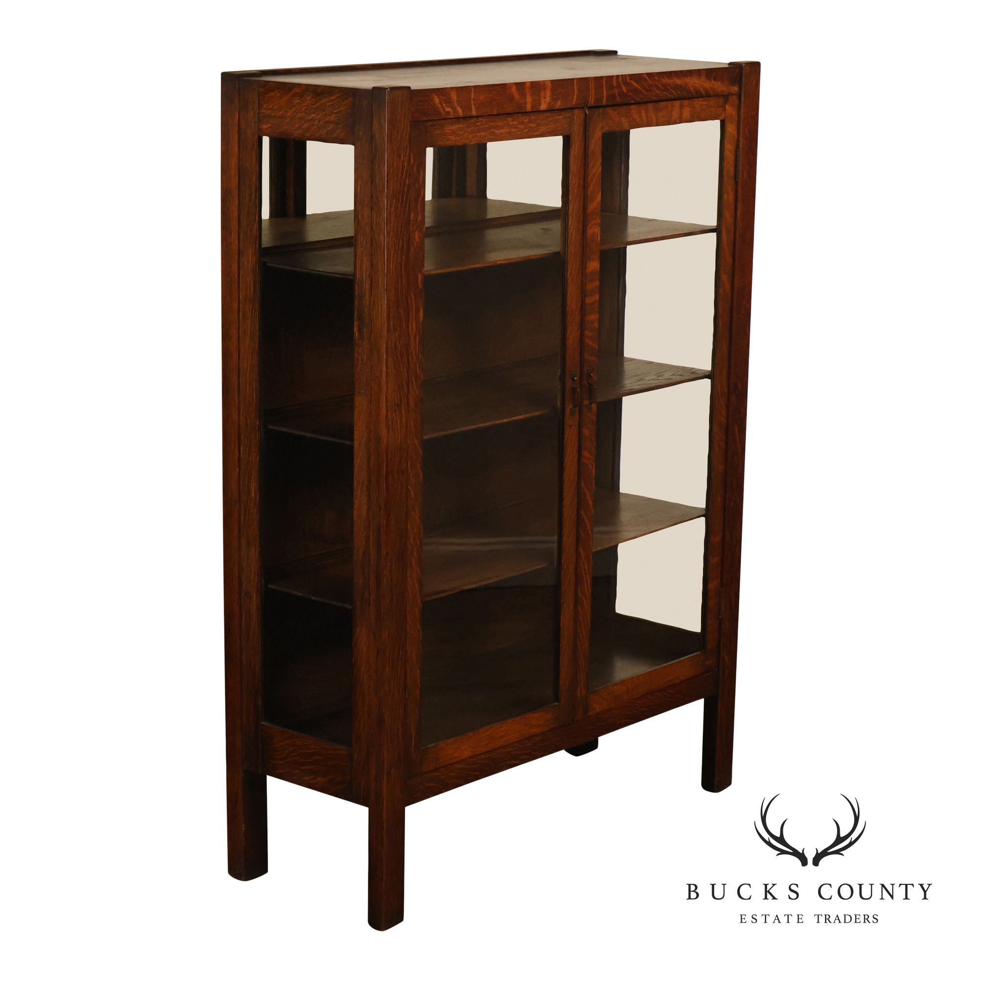 Antique Grand Rapids Oak Arts & Crafts Glass Door Bookcase Cabinet