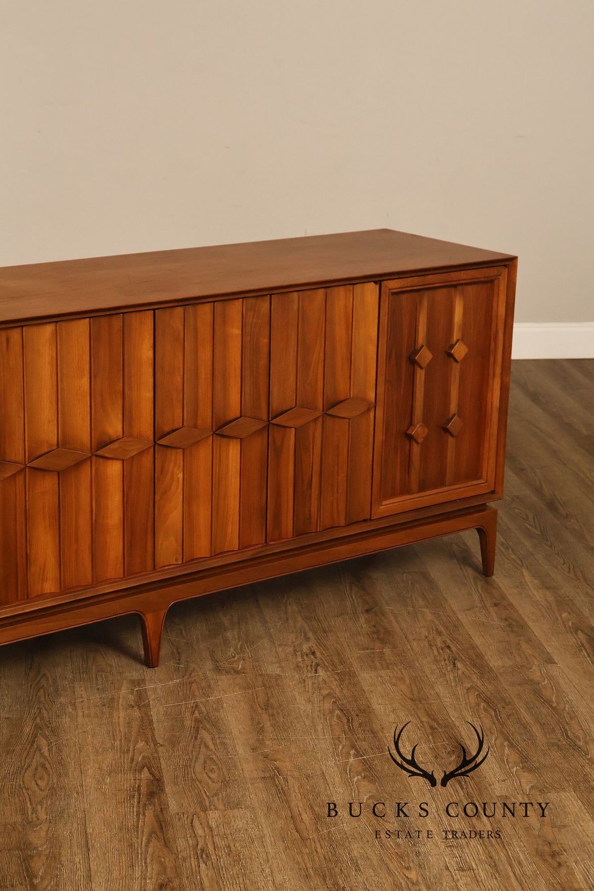Mid Century Modern Walnut Geometric Paneled Credenza