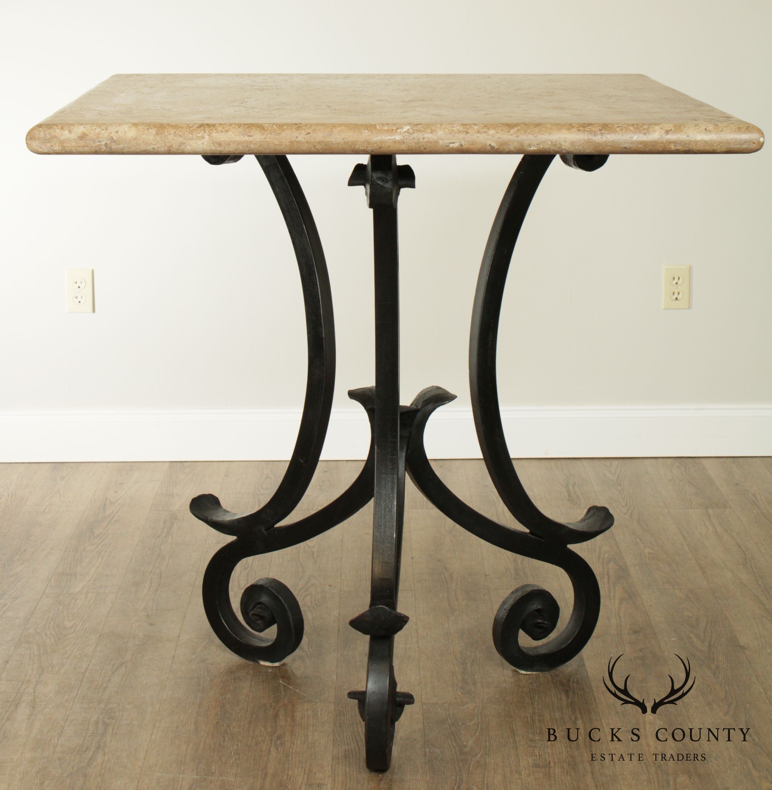 Hand Forged Iron Base 42" Pub Table Square Travertine Top