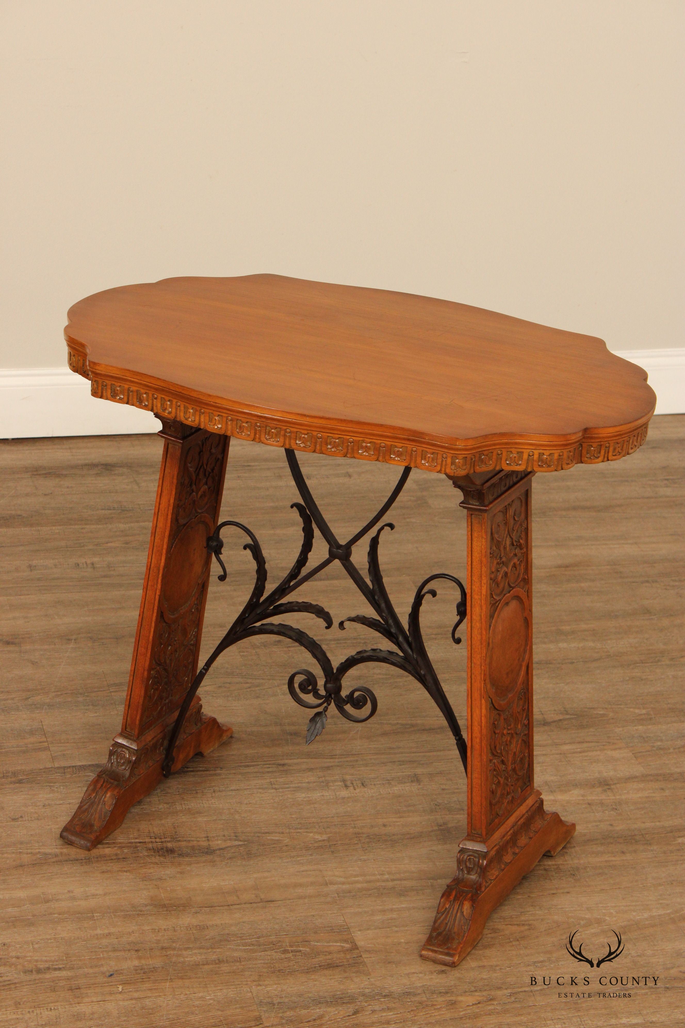 Antique Spanish Revival Carved Oak And Forged Iron Trestle Side Table