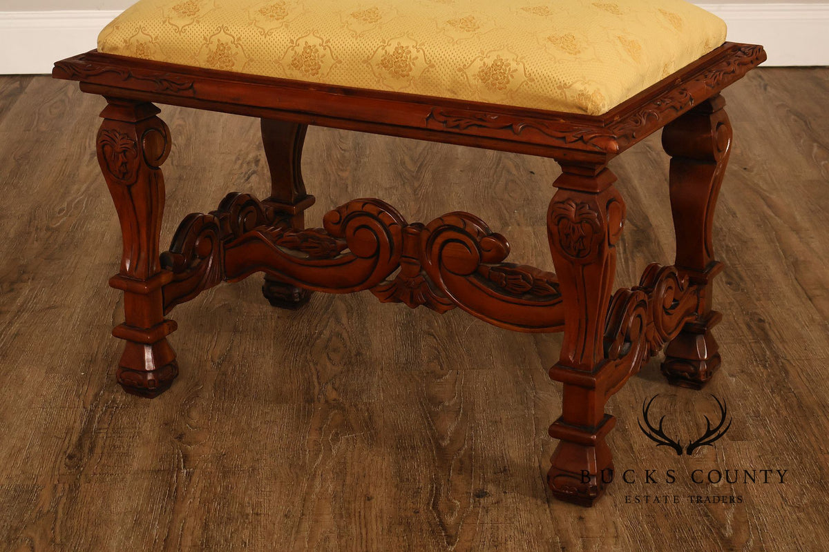 Victorian Style Carved Wood Upholstered Bench